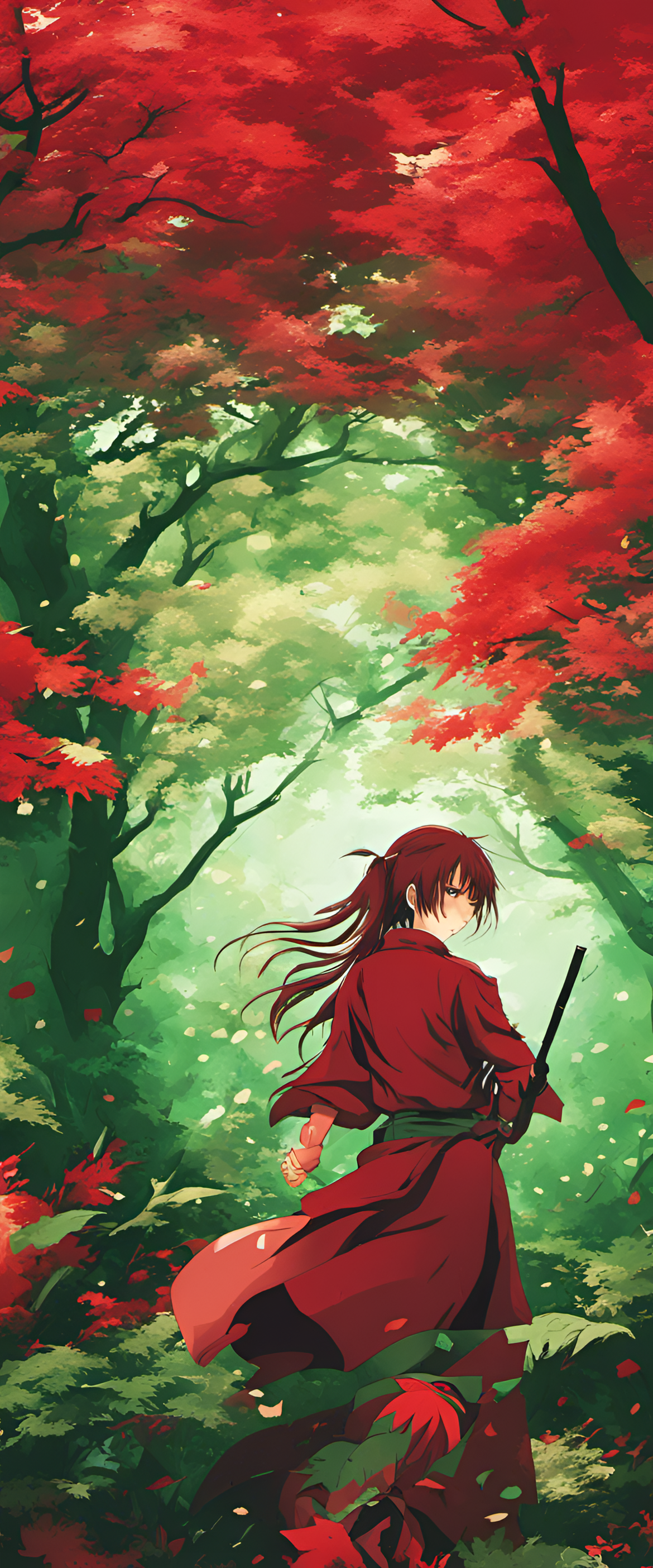 Vibrant anime wallpaper featuring red and green colors