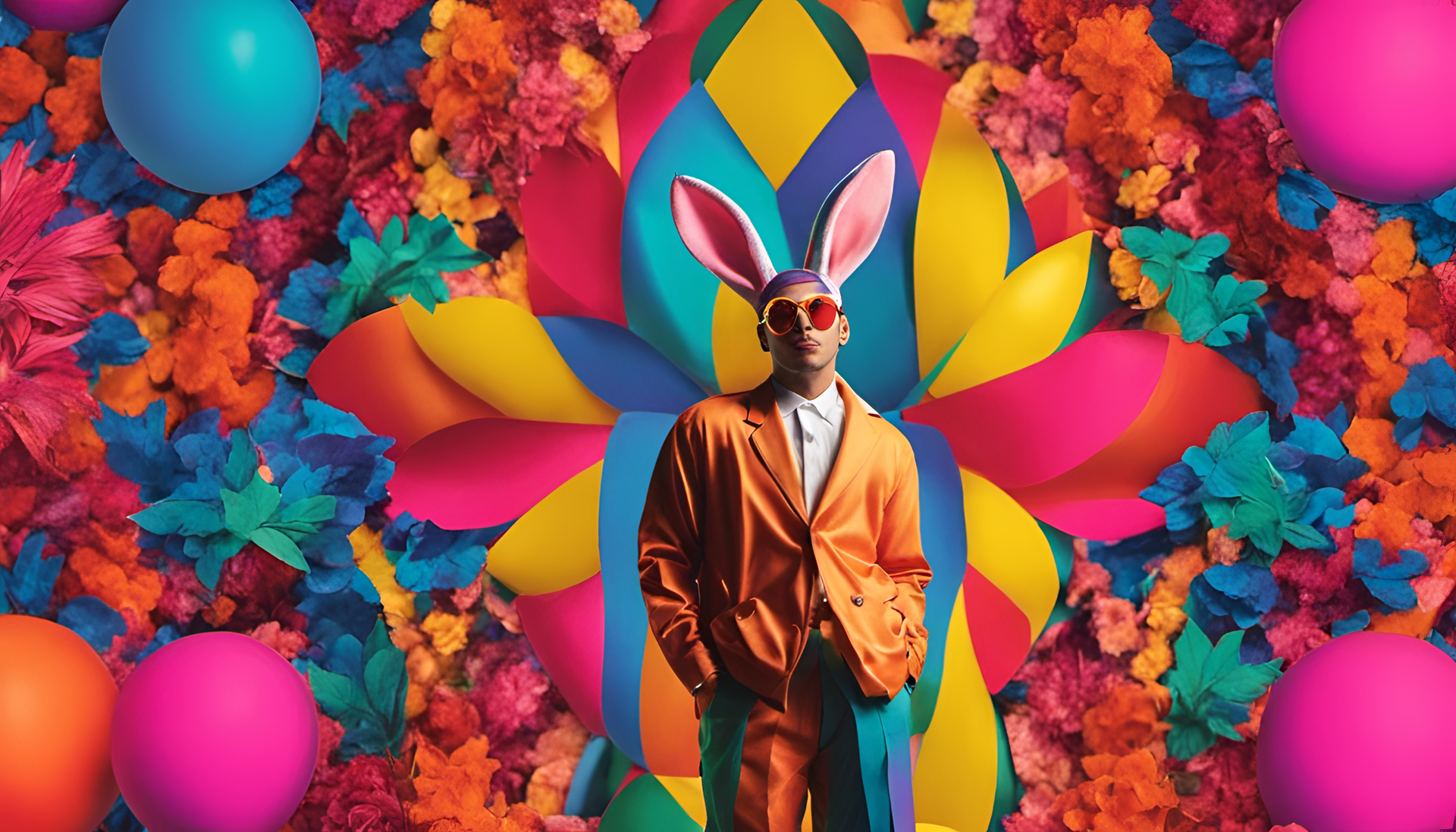 Triadic colors radiate around Bad Bunny, creating a vibrant desktop wallpaper.