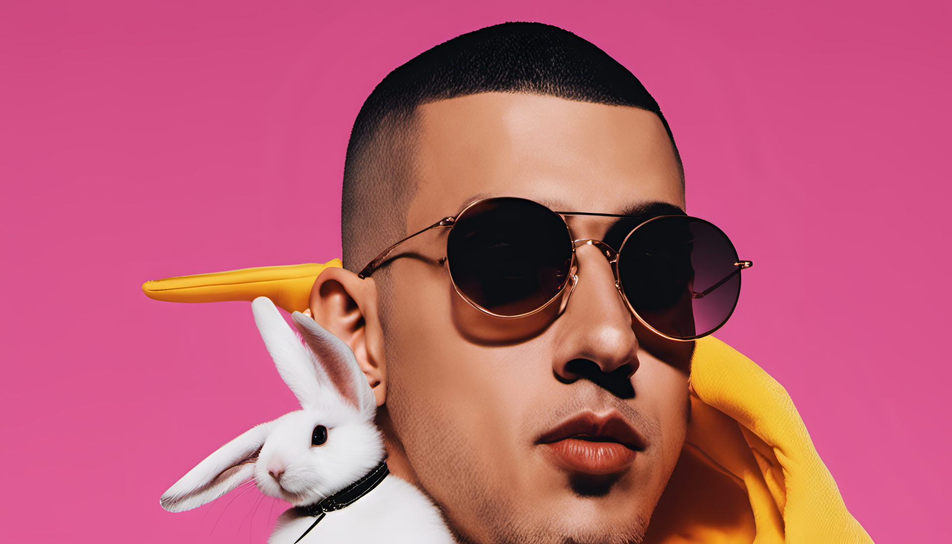 Bad Bunny wearing sunglasses and a vibrant yellow outfit, surrounded by colorful geometric shapes.