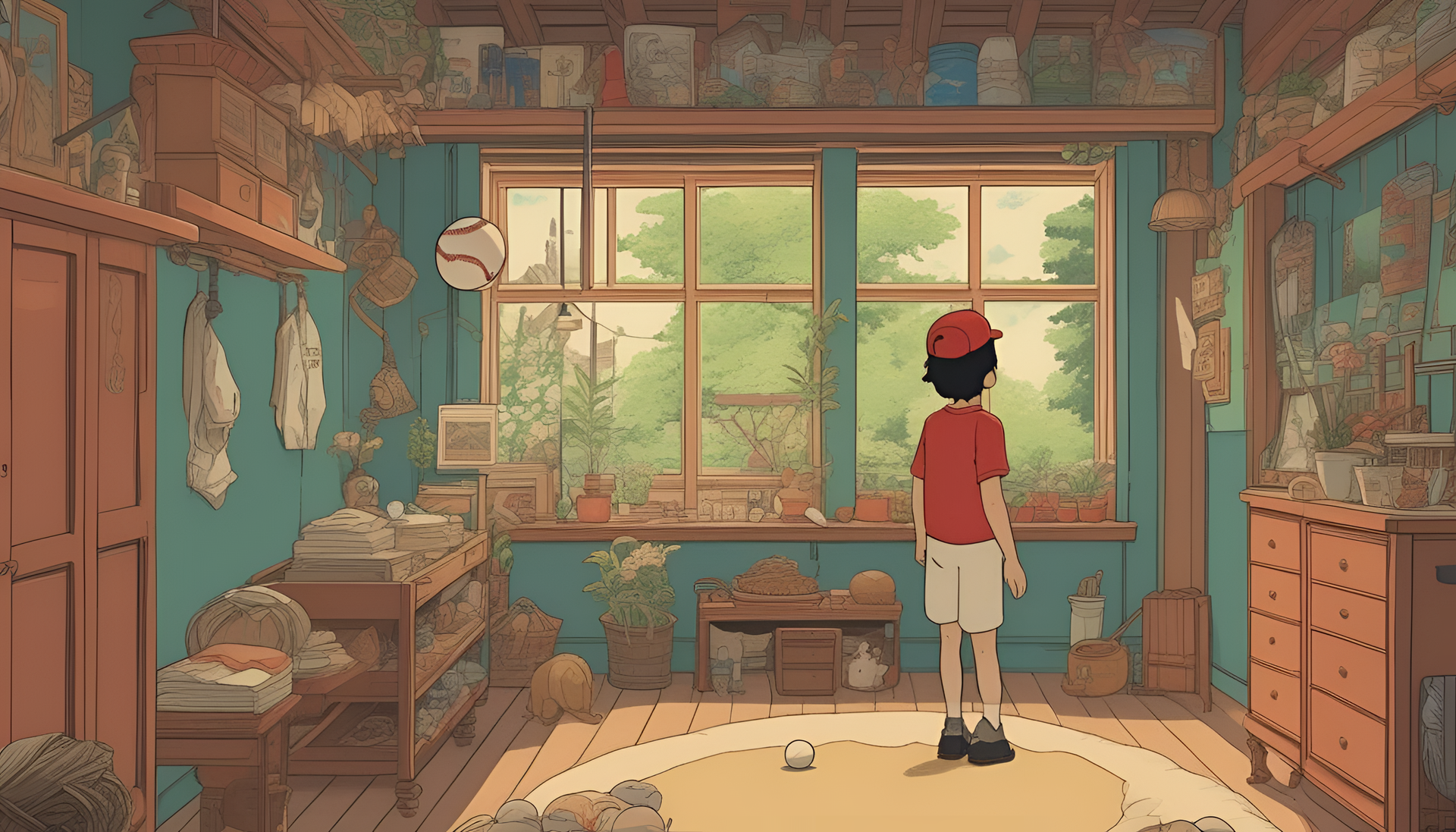 Baseball players in Studio Ghibli-inspired art.