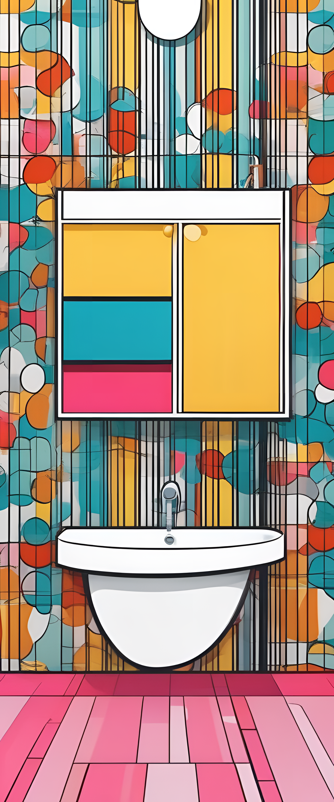 Minimalist pop art bathroom wallpaper with bold colors and geometric shapes.