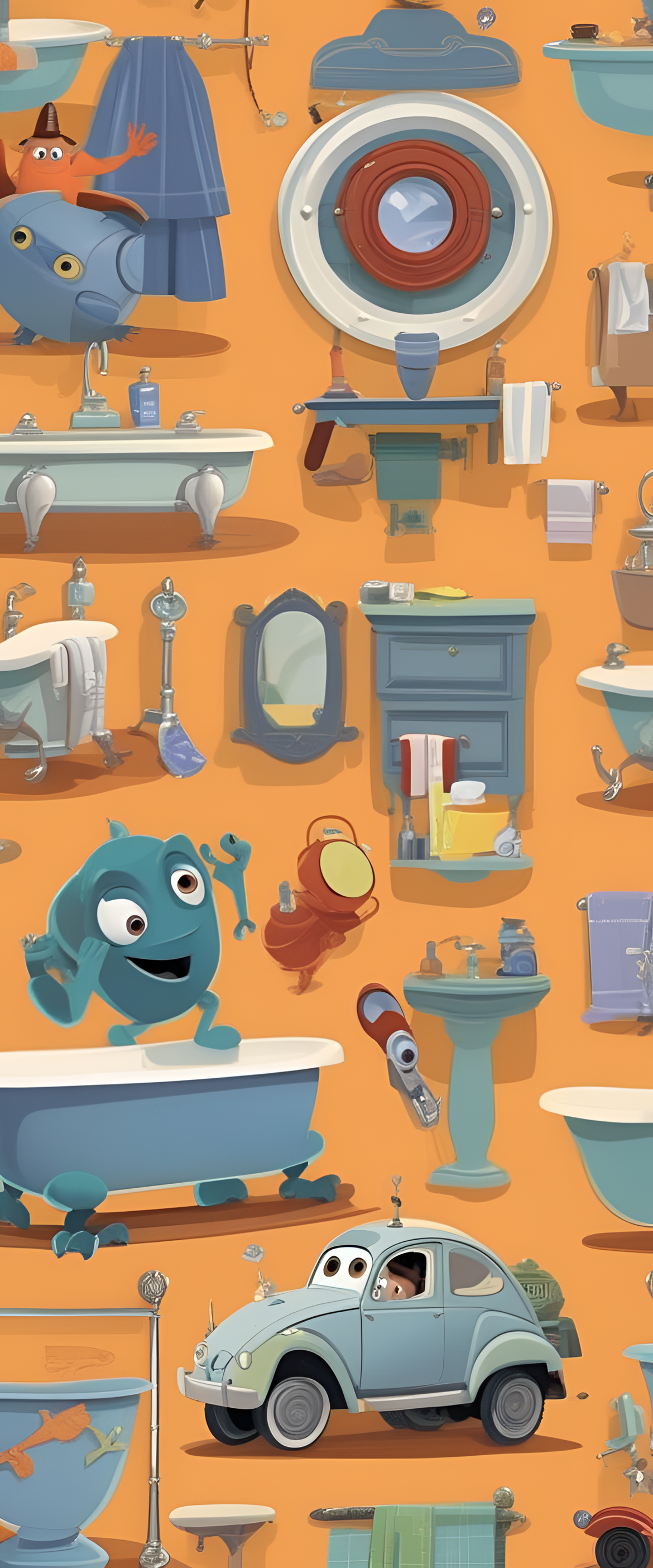 Colorful Pixar-style bathroom wallpaper with playful characters and patterns.