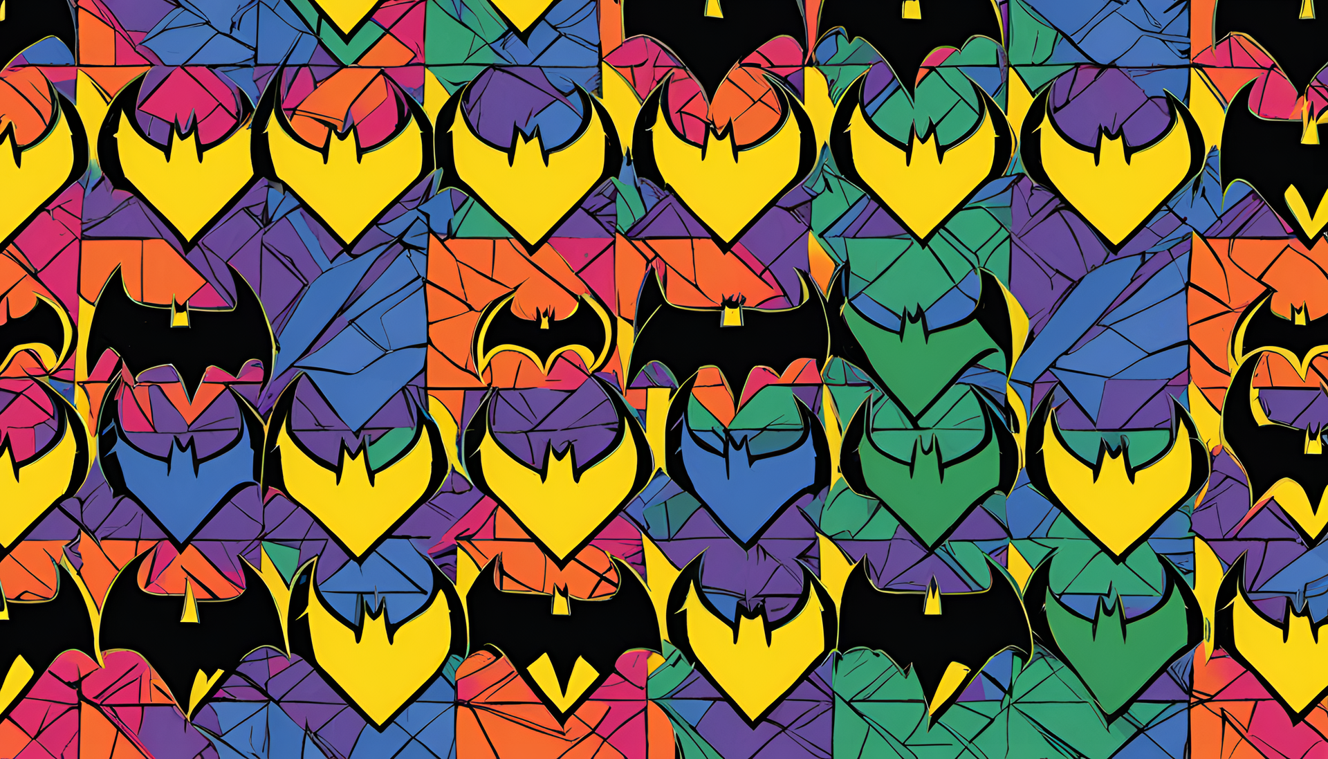 Dark silhouette with bat symbol on a colorful background.