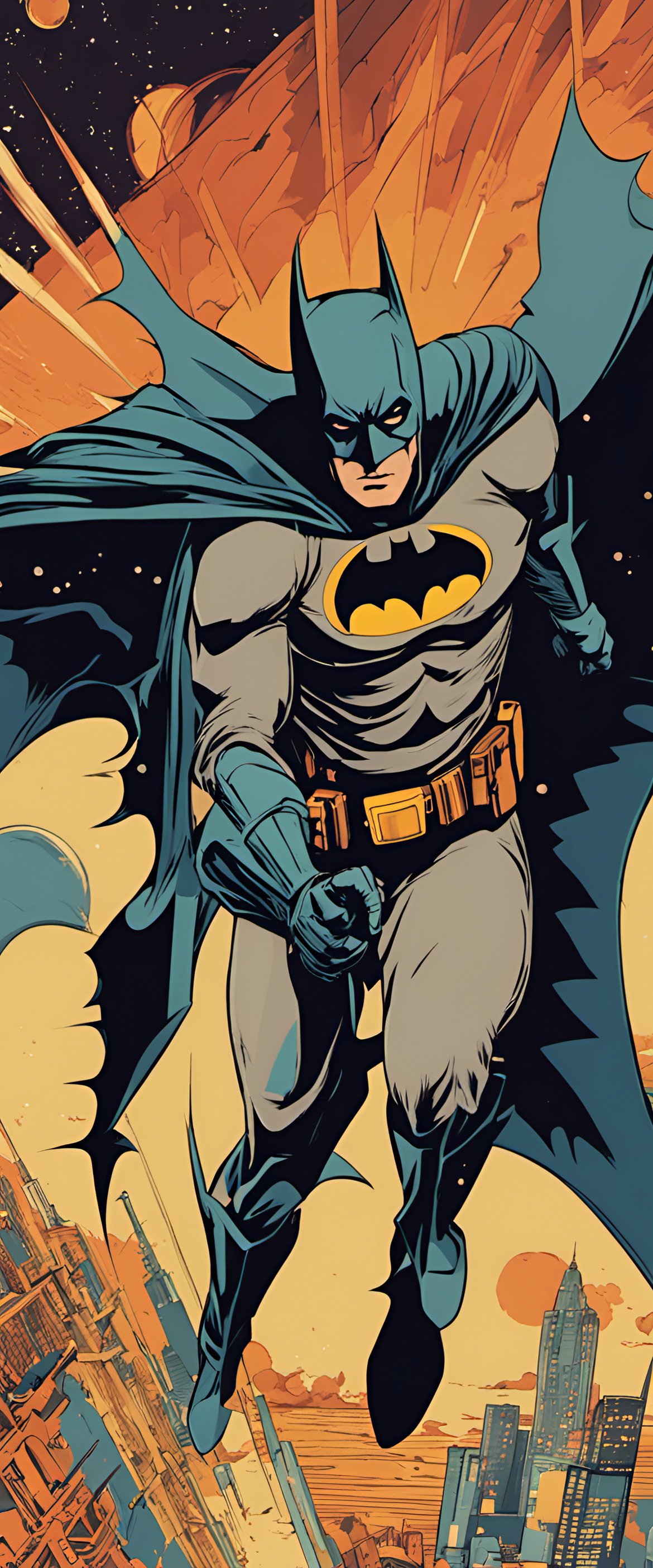 Batman in a vibrant 70's sci-fi art style wallpaper.