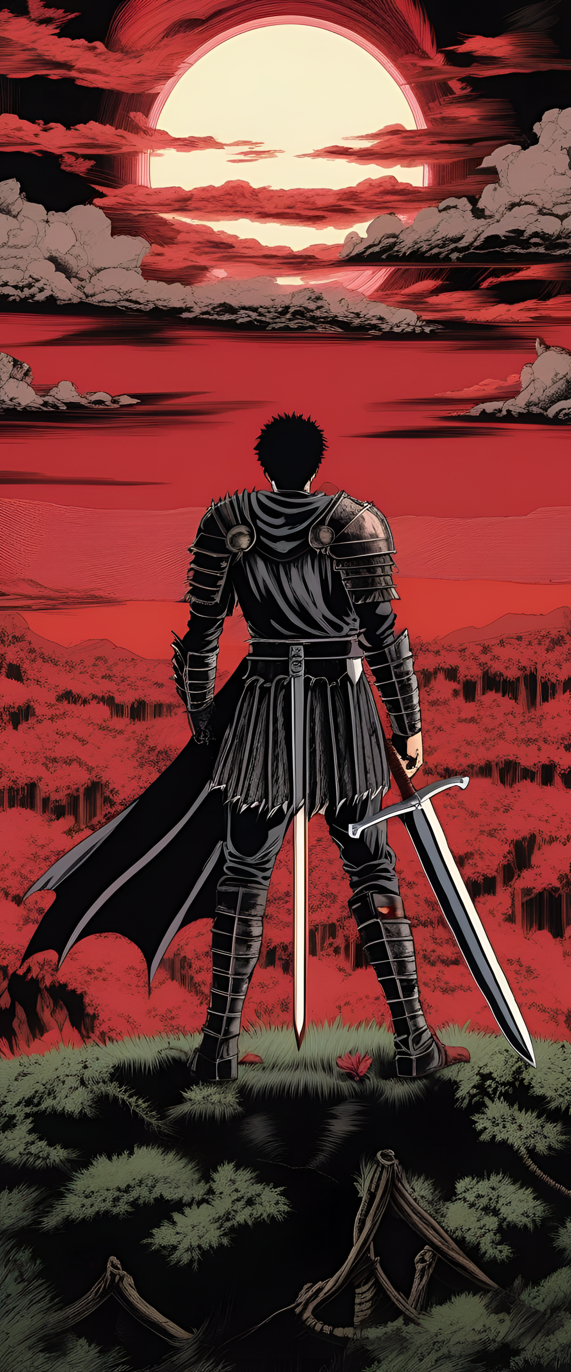 Fiery sword-wielding warrior embraced by darkness in a chilling berserk wallpaper.