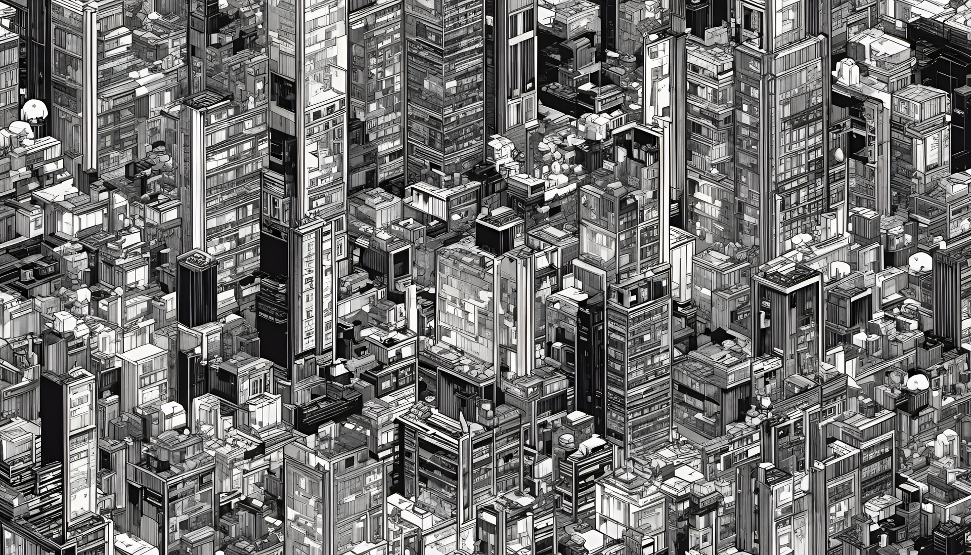 Highly detailed 8-bit black and white desktop wallpaper.