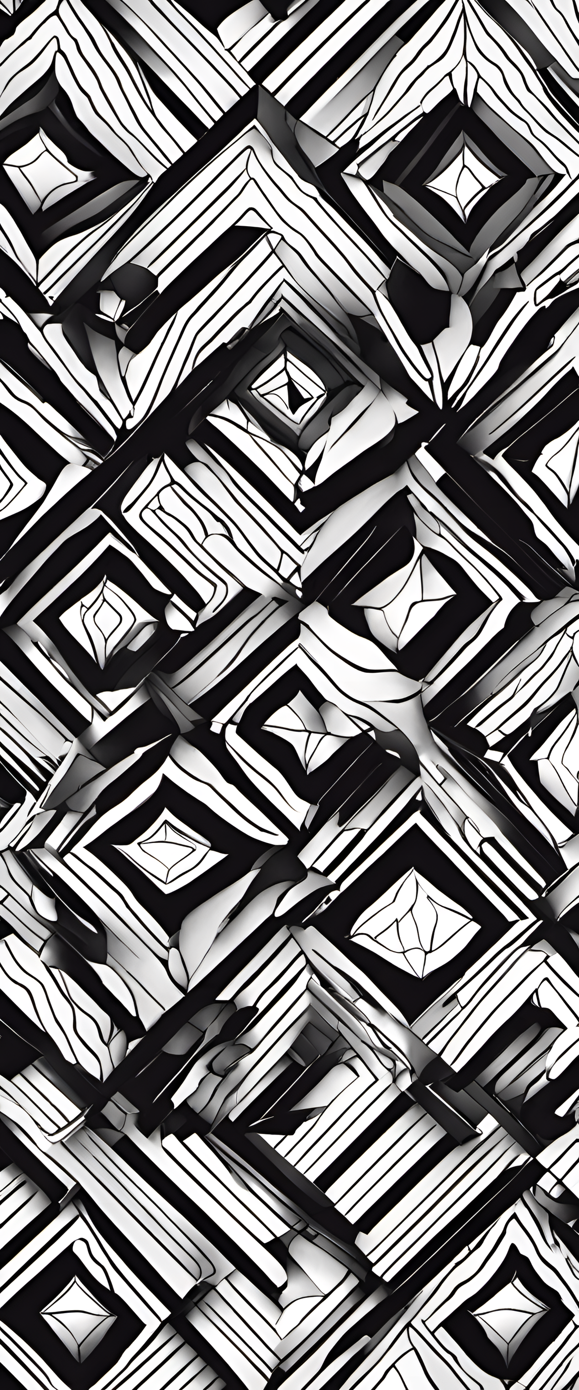 Monochrome geometric wallpaper with intricate patterns in black and white.