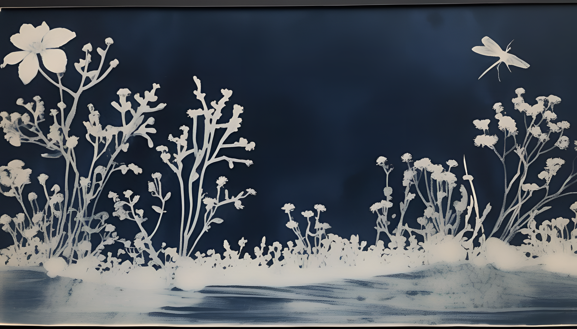 Cyanotype print with a captivating black background.