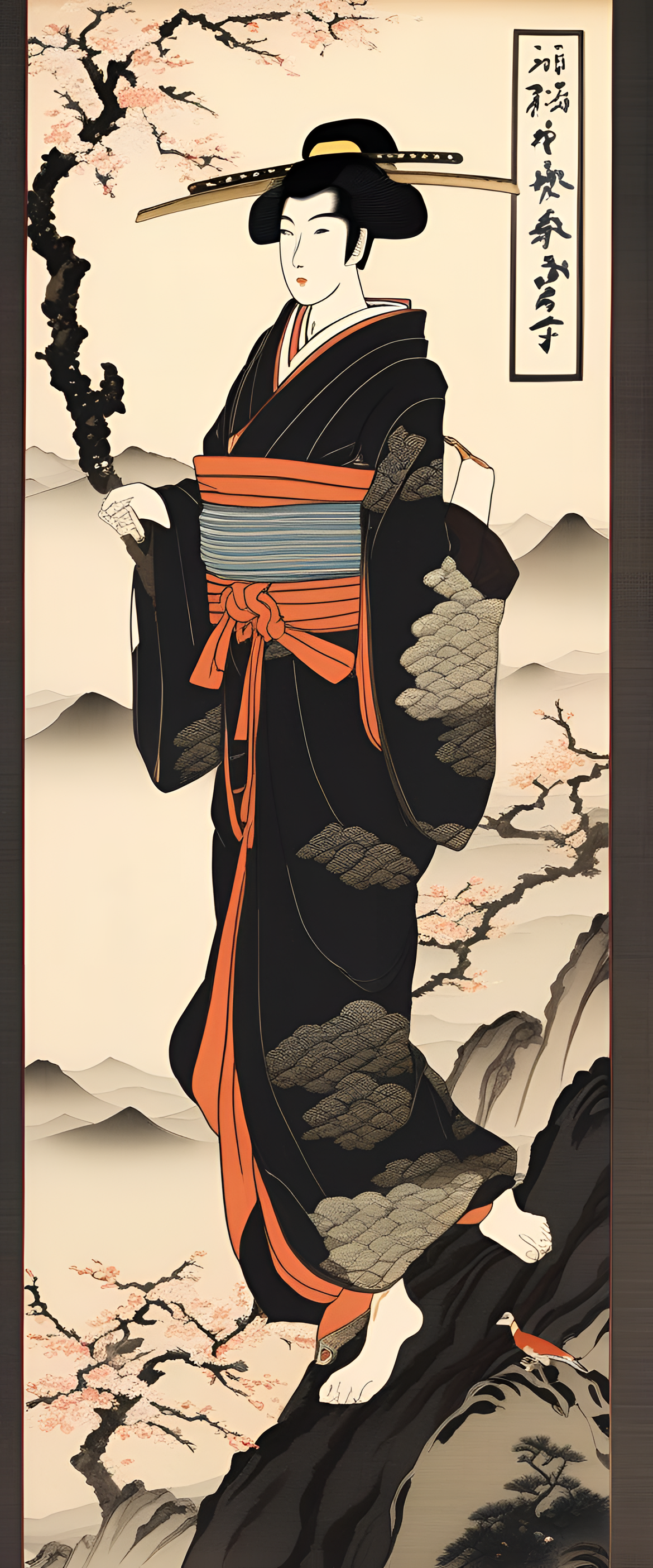 Abstract black Ukiyo-e-inspired wallpaper design