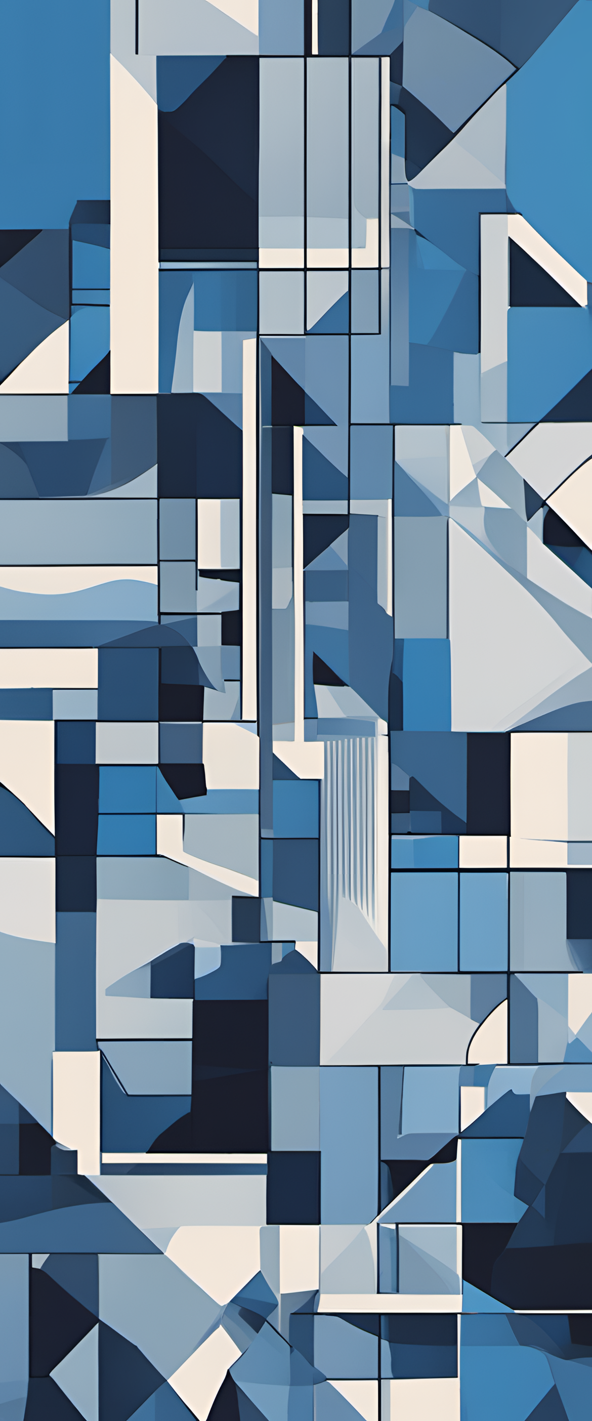 Abstract blue geometric shapes on a phone wallpaper.