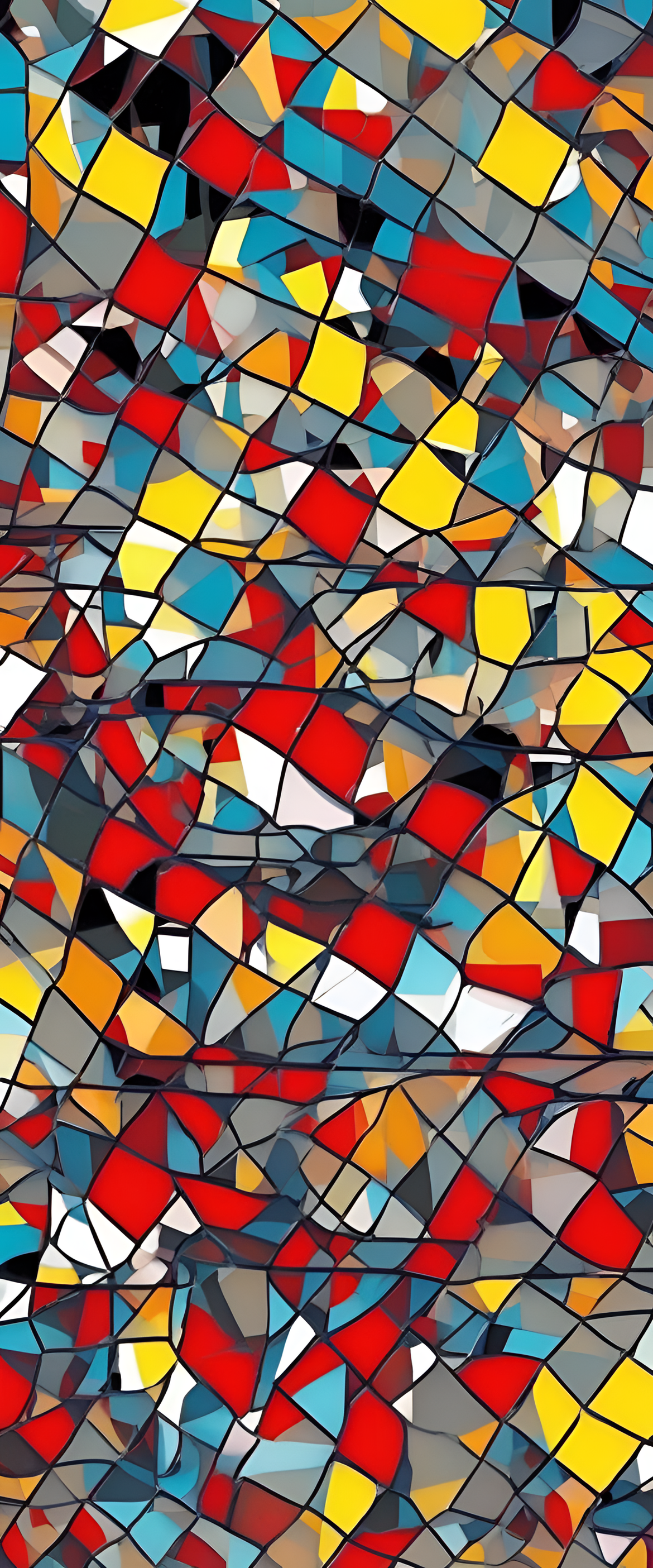 Colorful shattered screen with pixelated pattern and abstract shapes.