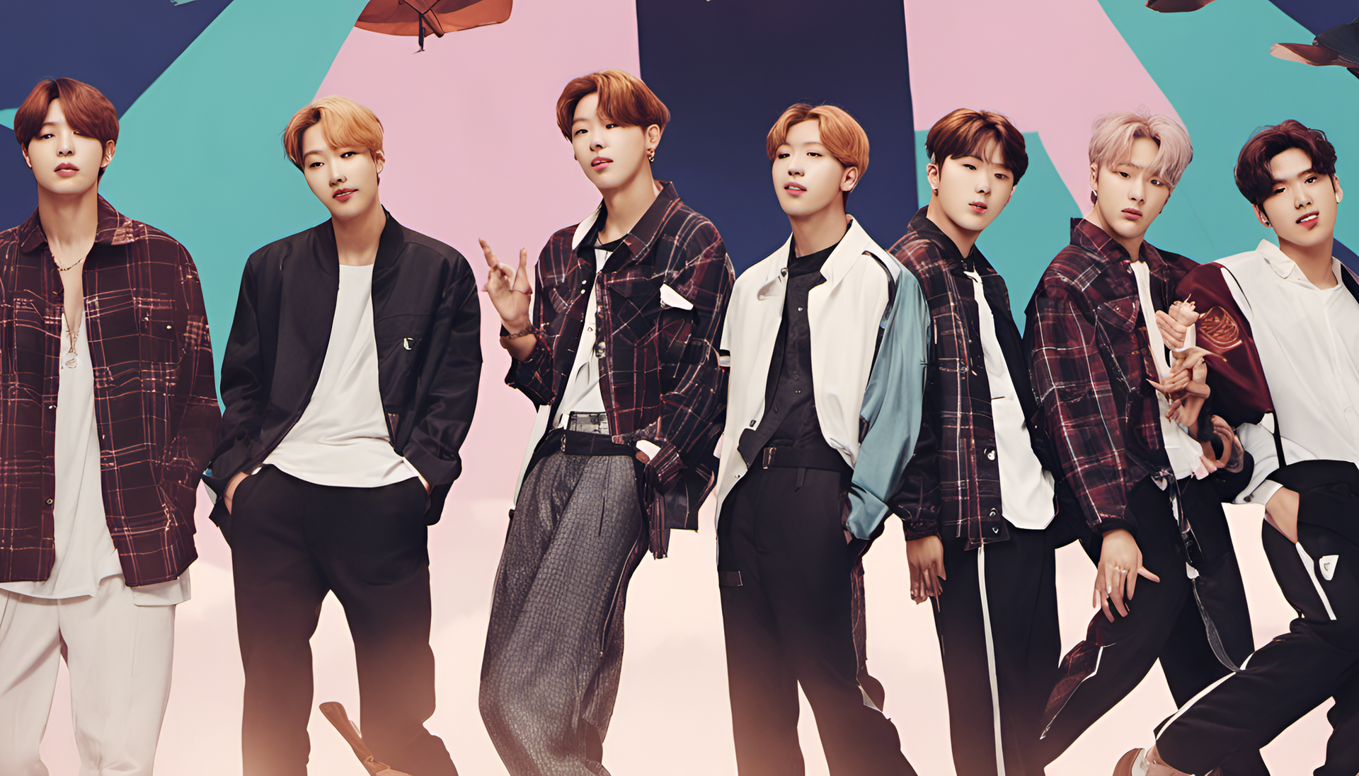 BTS members posing together in a vibrant and artistic wallpaper.