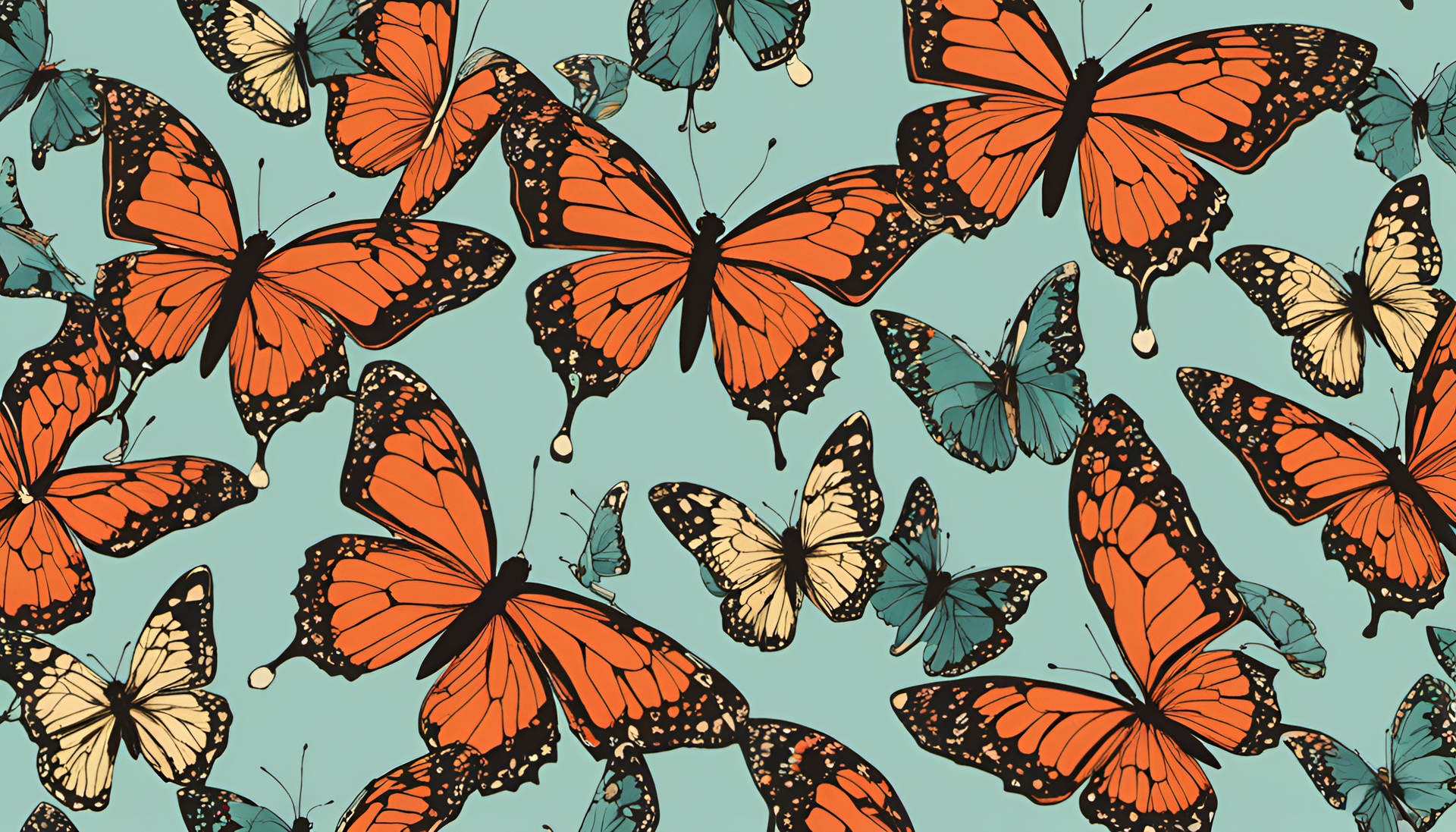 Colorful butterfly wallpaper with 1980s-inspired design.