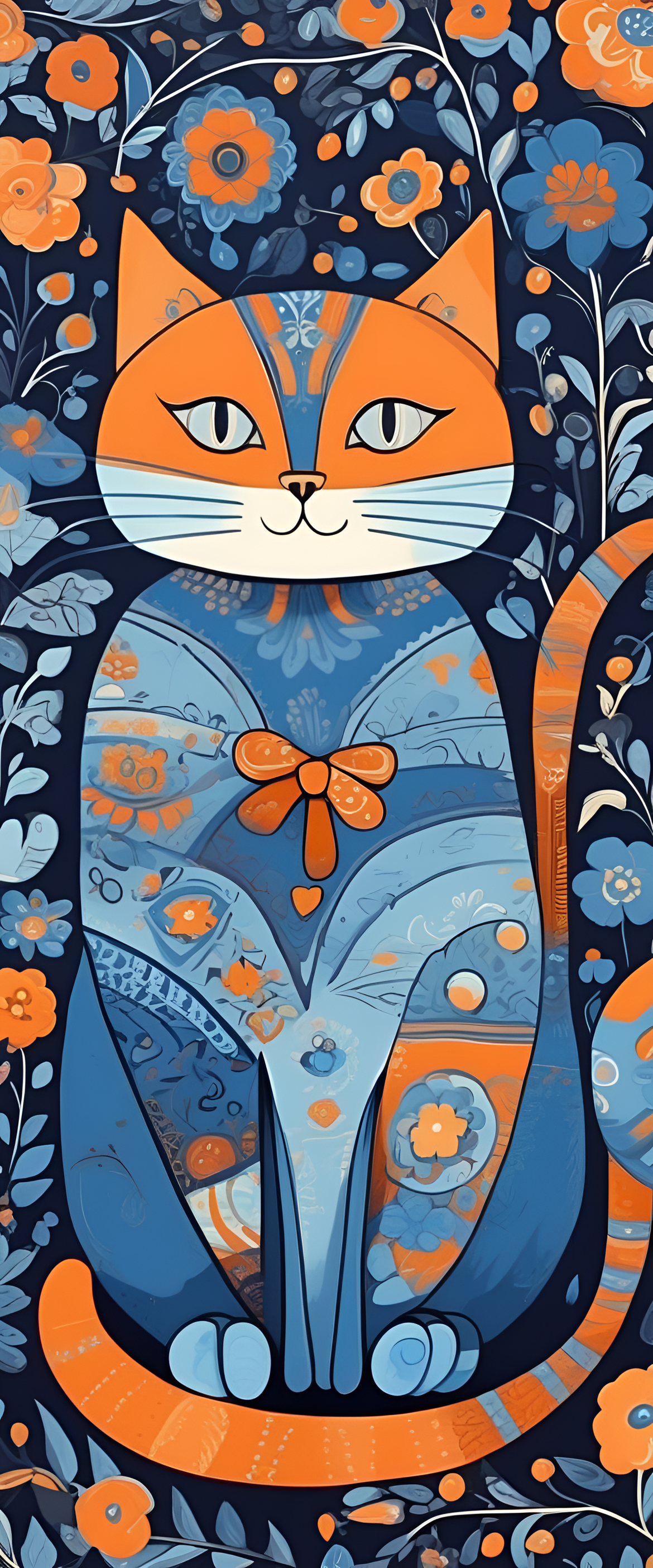 Blue and orange cartoon cat with naive art aesthetic.