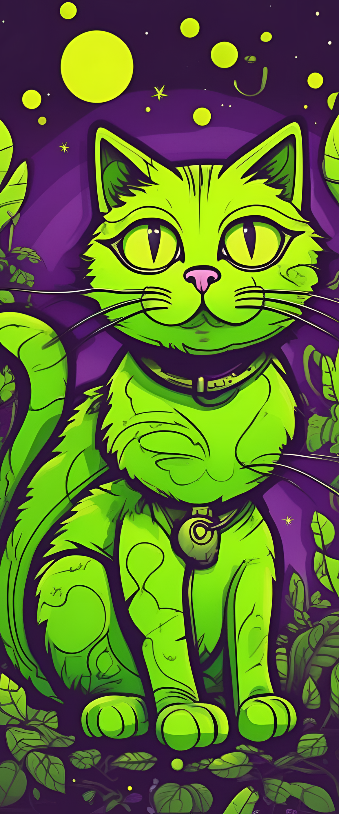 Cartoon cat with acid green fur in phone wallpaper.