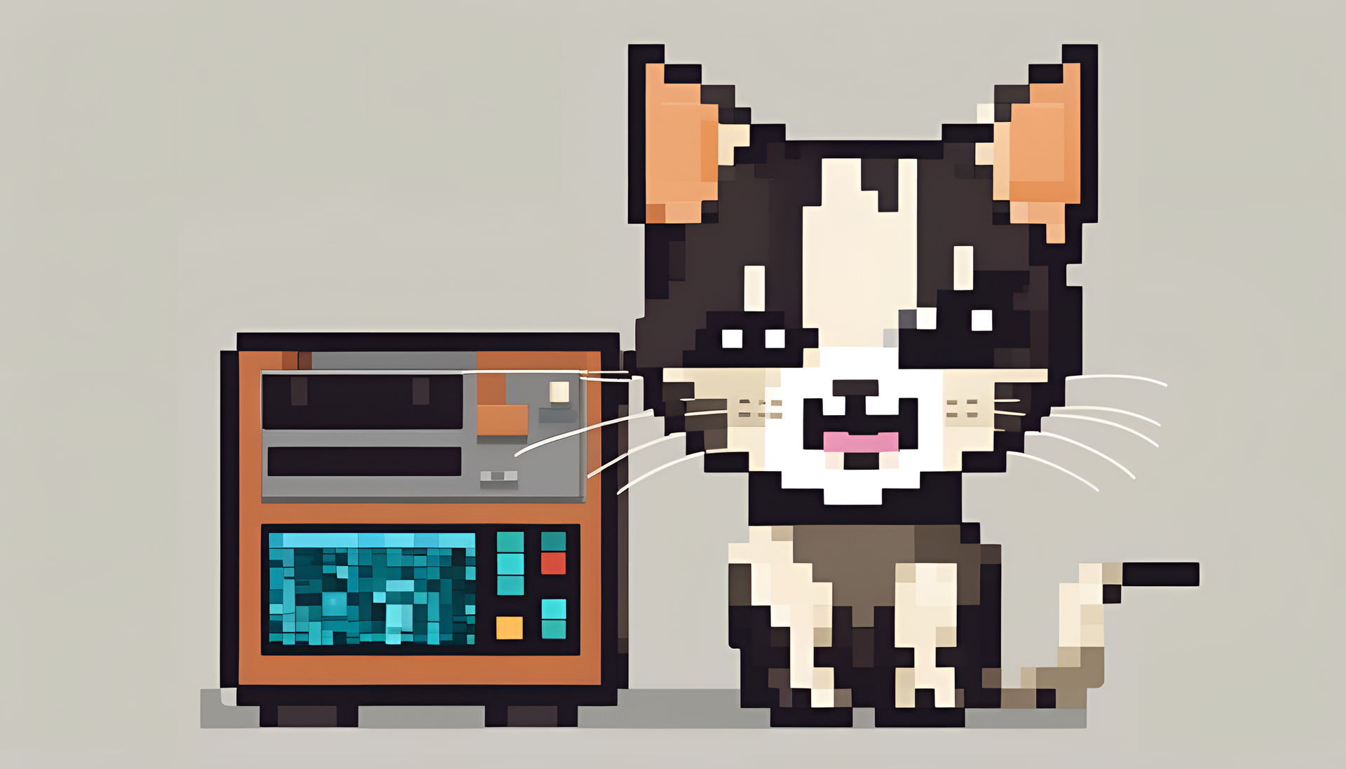 Playful cartoon cat with pixelated design and vibrant colors.