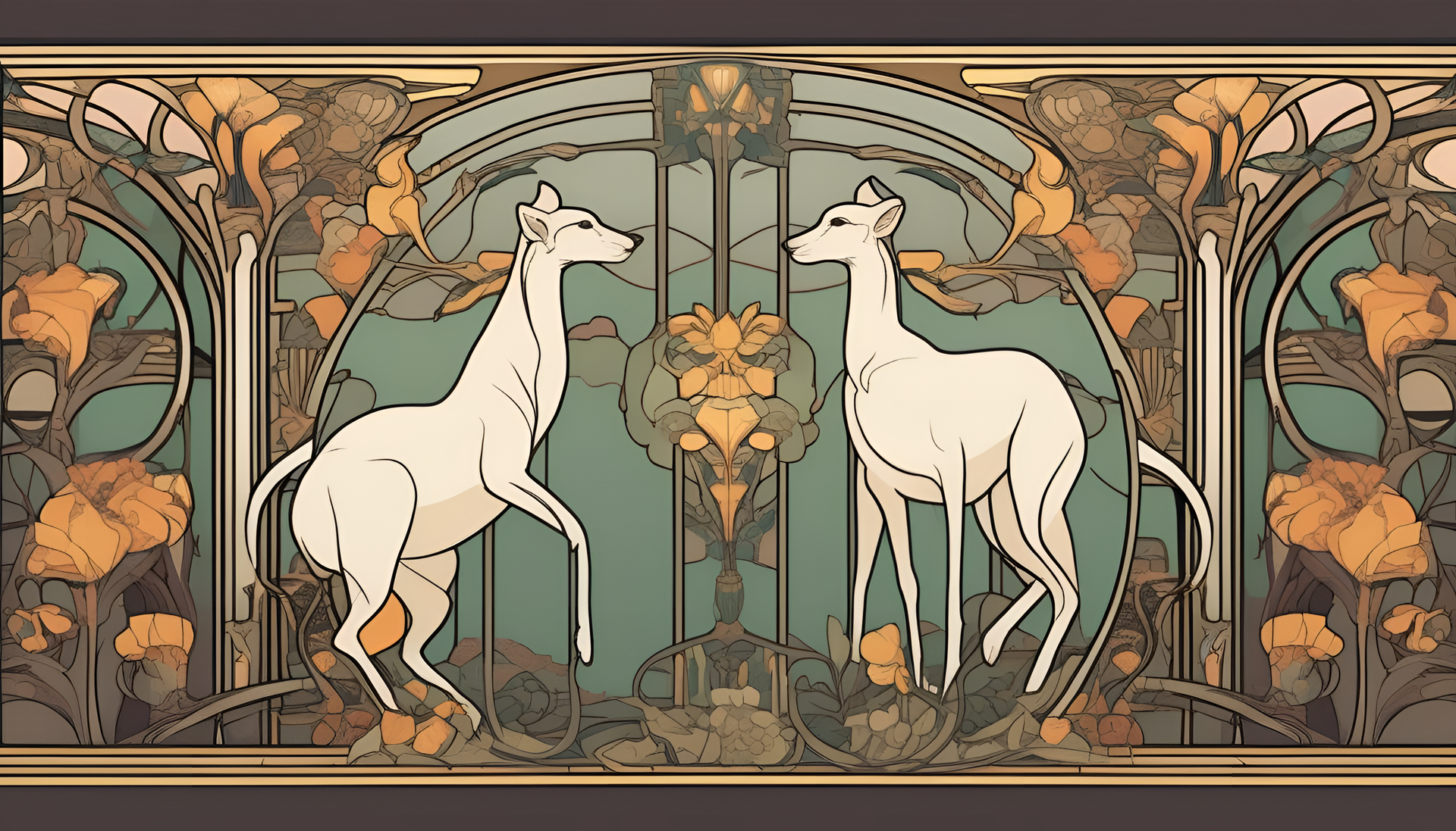 Colorful art nouveau-inspired cartoon illustration on a desktop wallpaper