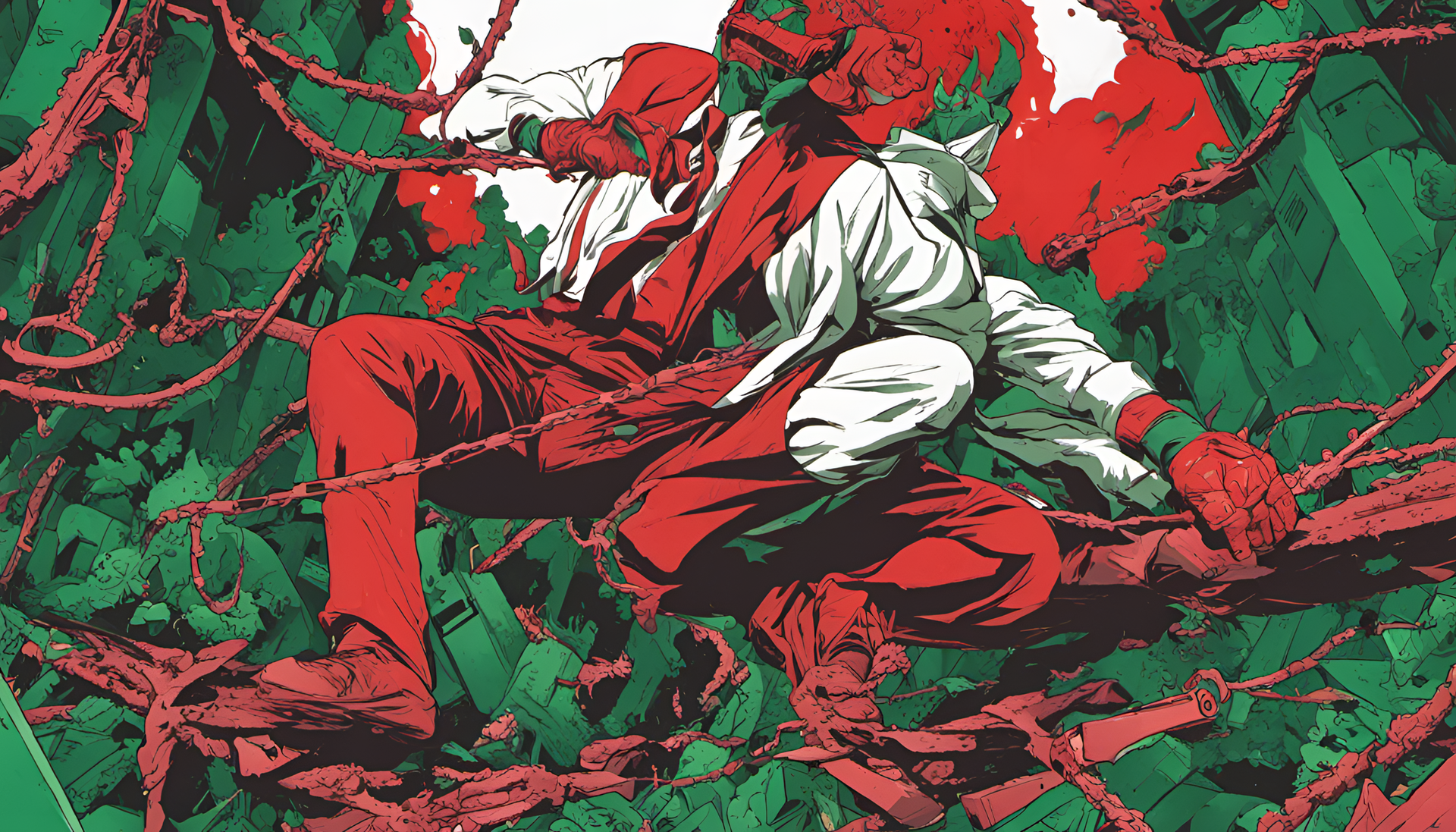 Vibrant artwork depicting Chainsaw Man in red and green colors.