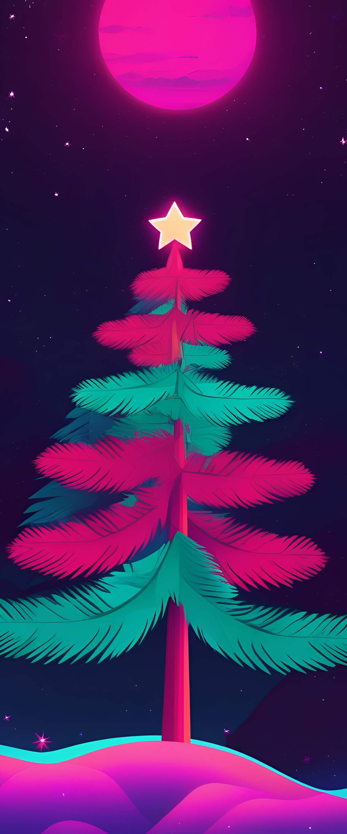 Retrowave-inspired Christmas theme wallpaper with vibrant colors and nostalgic aesthetic.