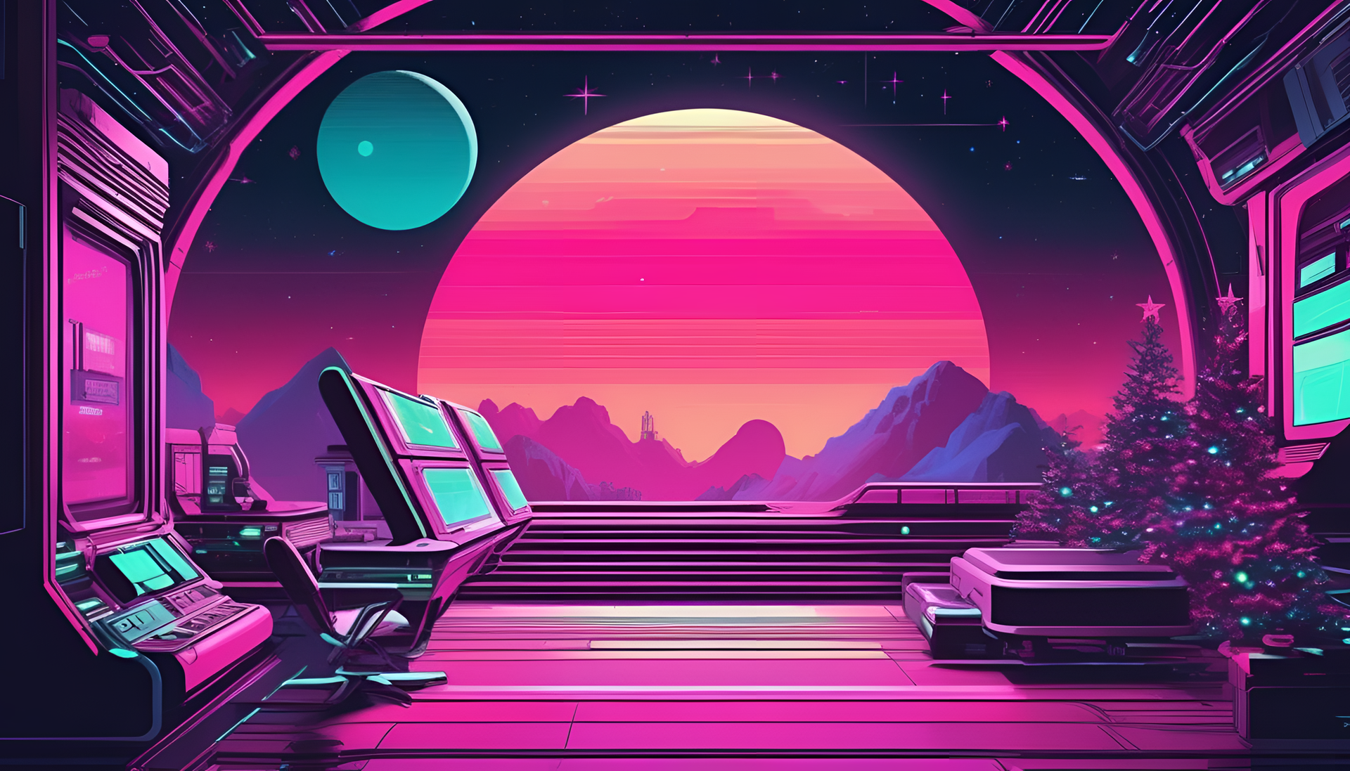 Vibrant 80's-inspired Christmas artwork with intricate sci-fi elements.