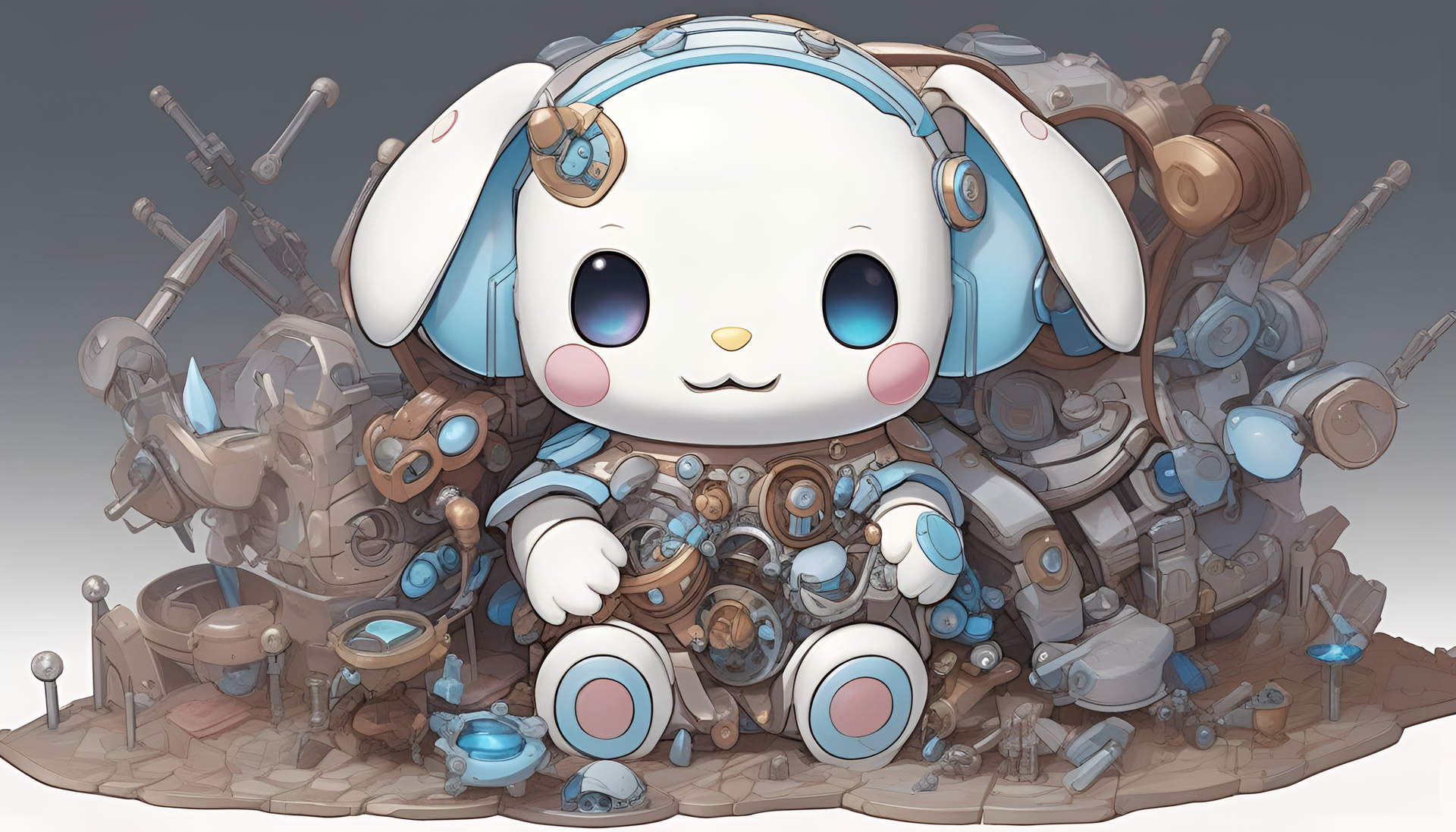 Cinnamoroll robotic sculpture in a deconstructive cracked style