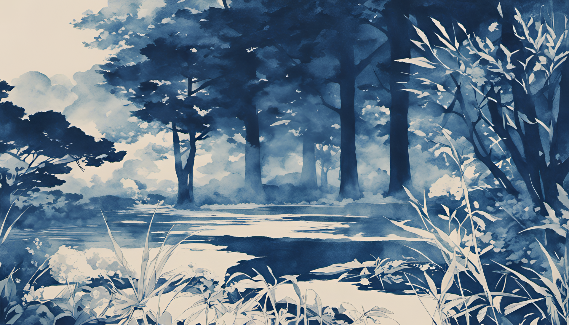 Cyanotype print of a cool anime wallpaper in high definition.