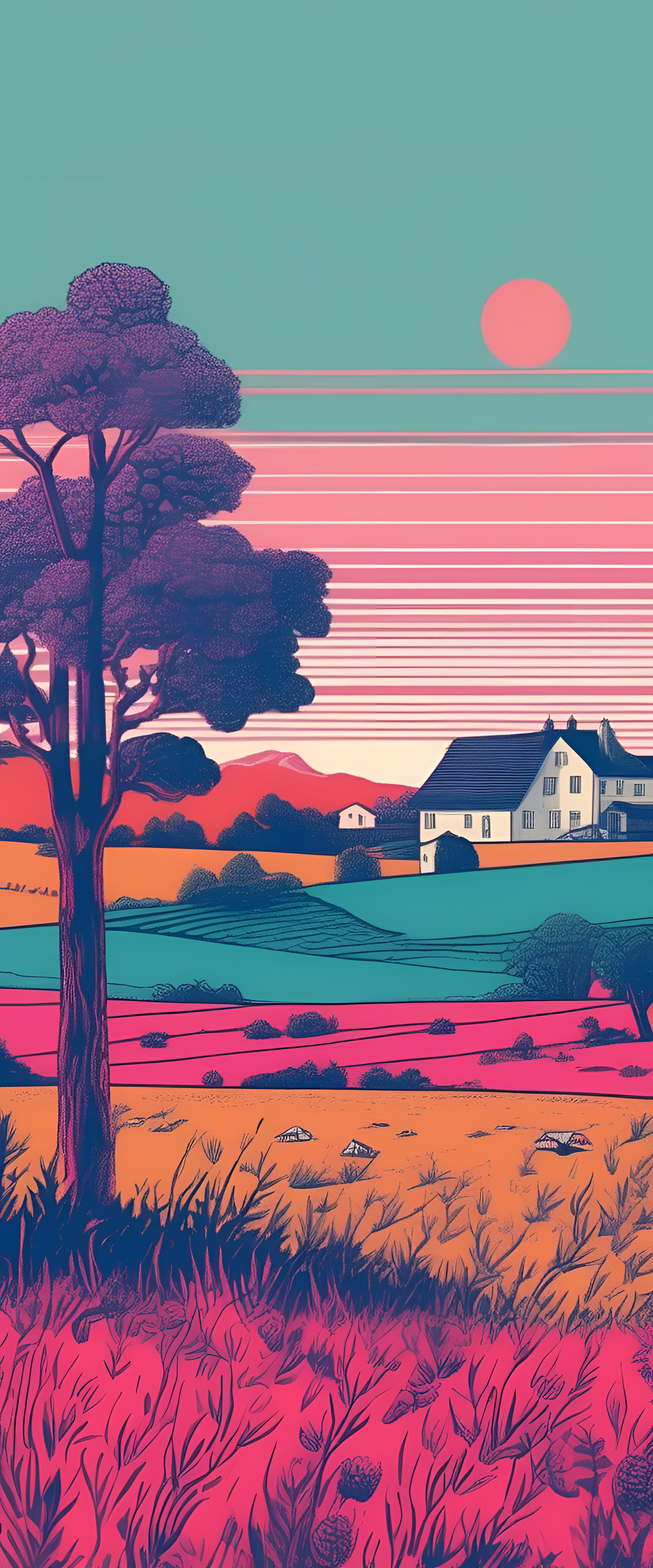 Risograph country landscape with vibrant colors and clear details.