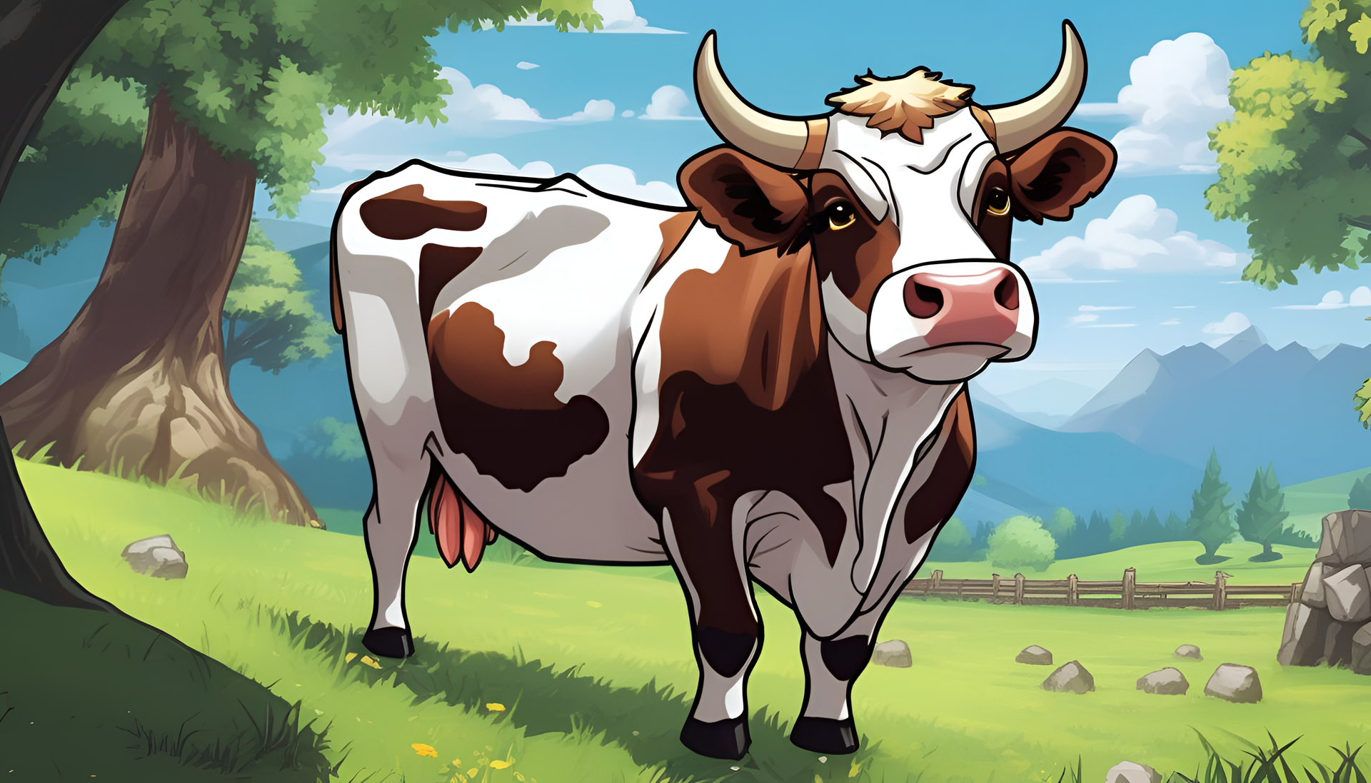 A serene cow standing in a field, surrounded by nature