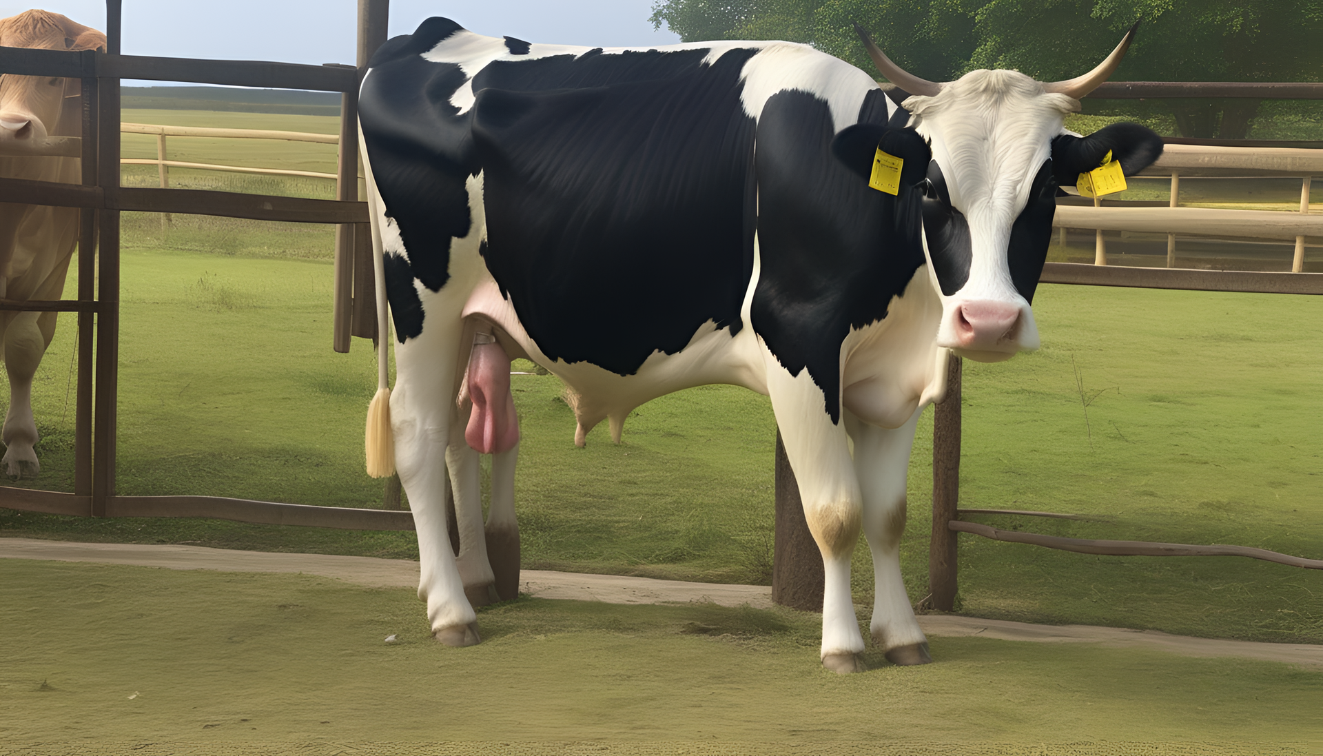 Beautiful brown cow standing in a field with green grass and blue sky.