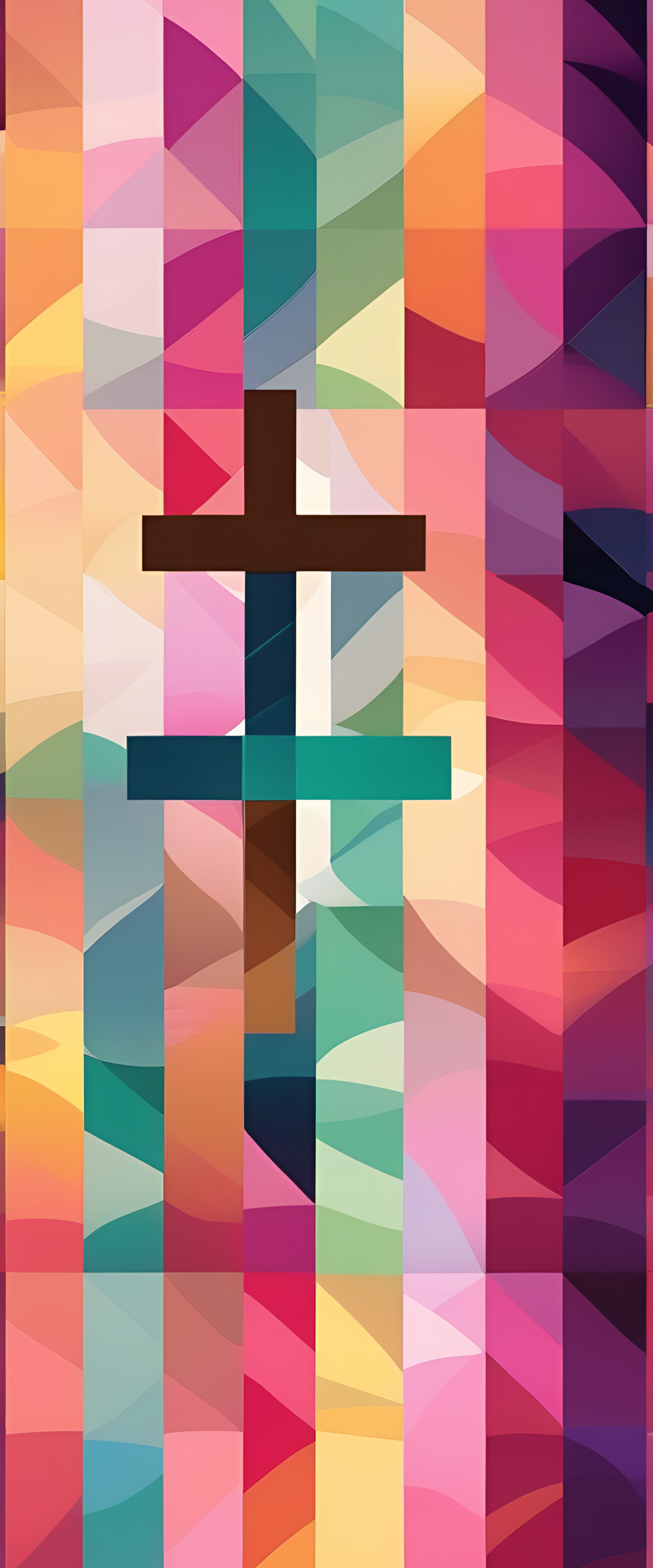 An abstract cross design featuring vibrant analogous colors on a phone wallpaper.