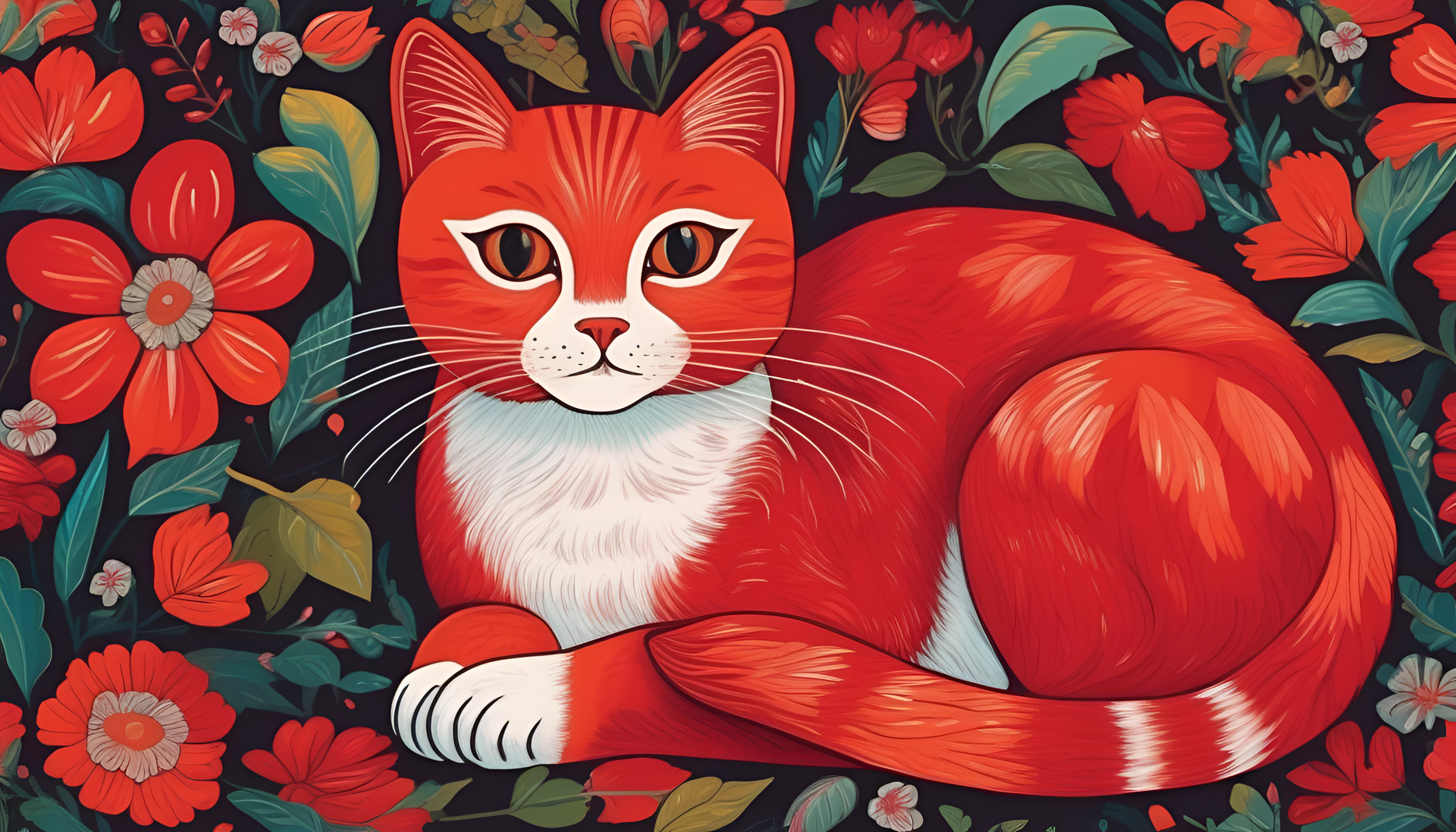 Colorful abstract representation of a cute cat in red tones.