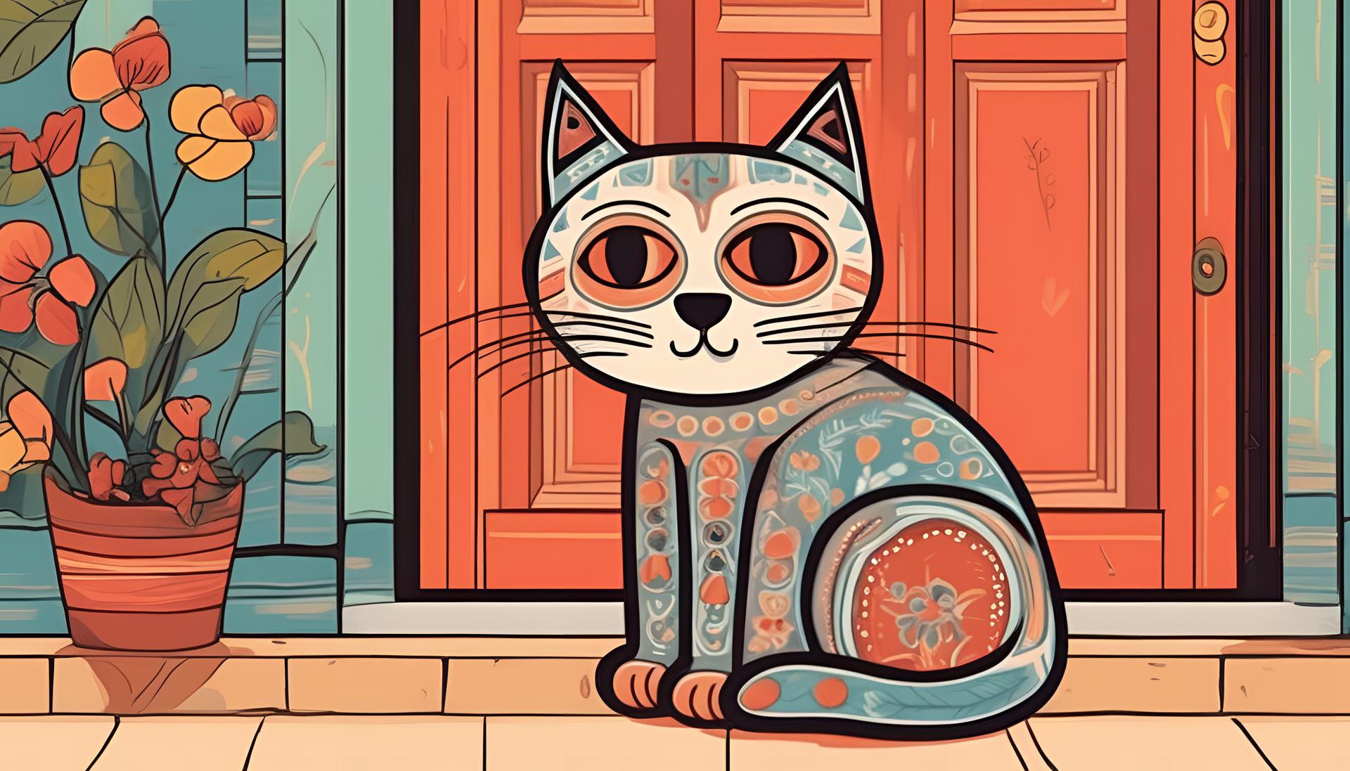 Naive art-inspired depiction of a sad and adorable cat.