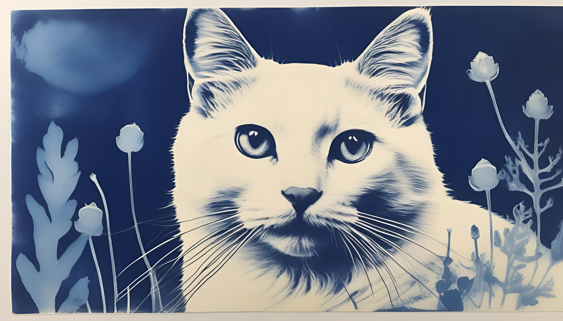 Cute cat with cyanotype print background.