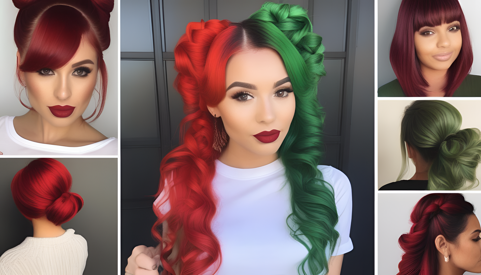 Vibrant red and green cute hairstyles.