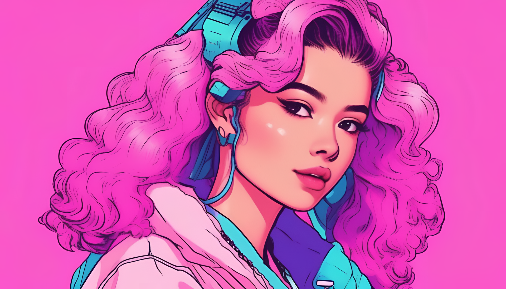 Vibrant, vaporwave-inspired cute hairstyles on a desktop wallpaper.