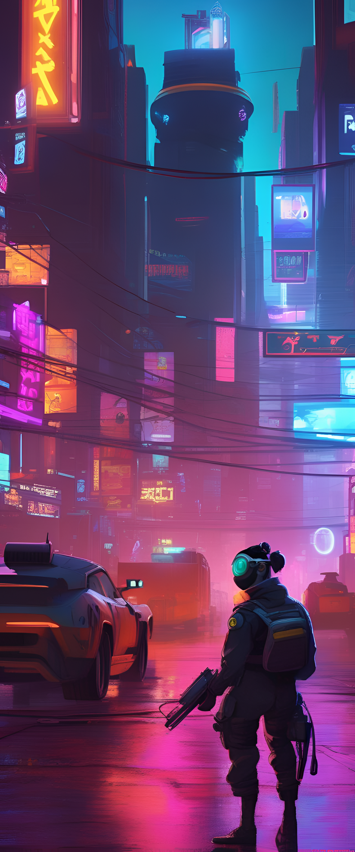 Colorful futuristic cityscape with neon lights and towering buildings.