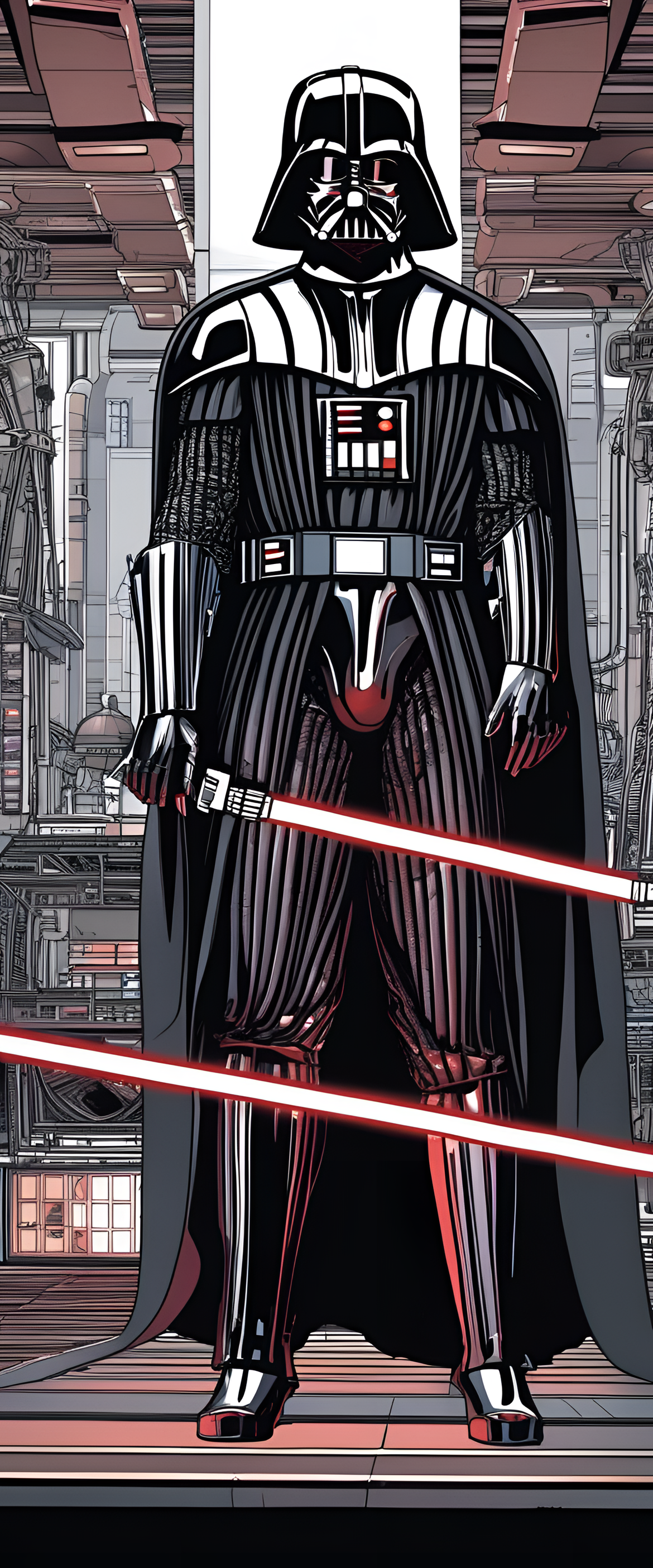 Darth Vader character with a dark mask, a symbol of power, dominating the scene.