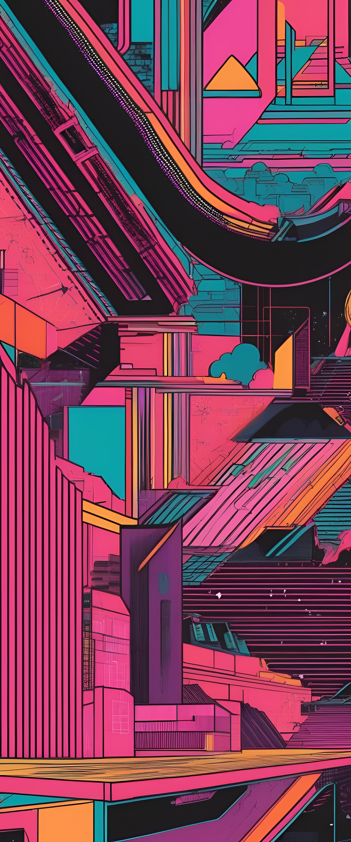 Retro 1980s-inspired desktop wallpaper with colorful geometric patterns.