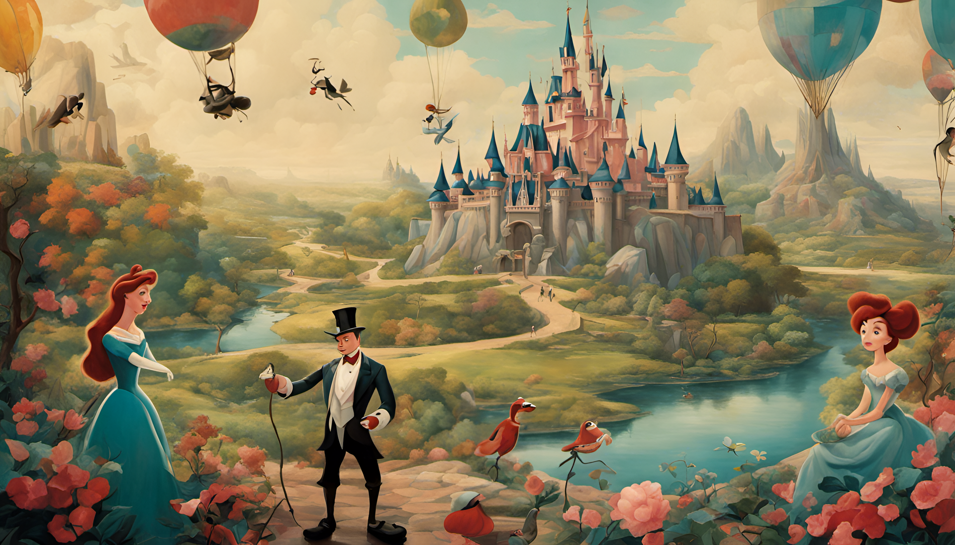 Surreal Disney wallpaper featuring vibrant and imaginative characters in a whimsical setting.