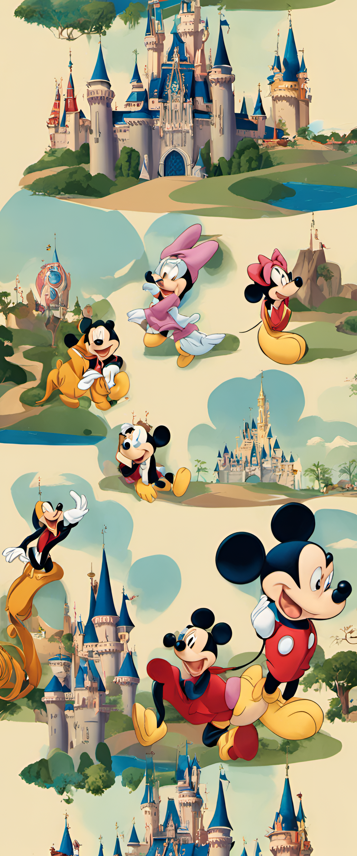 Disney-inspired phone wallpaper with colorful characters and enchanting castle in a whimsical setting.