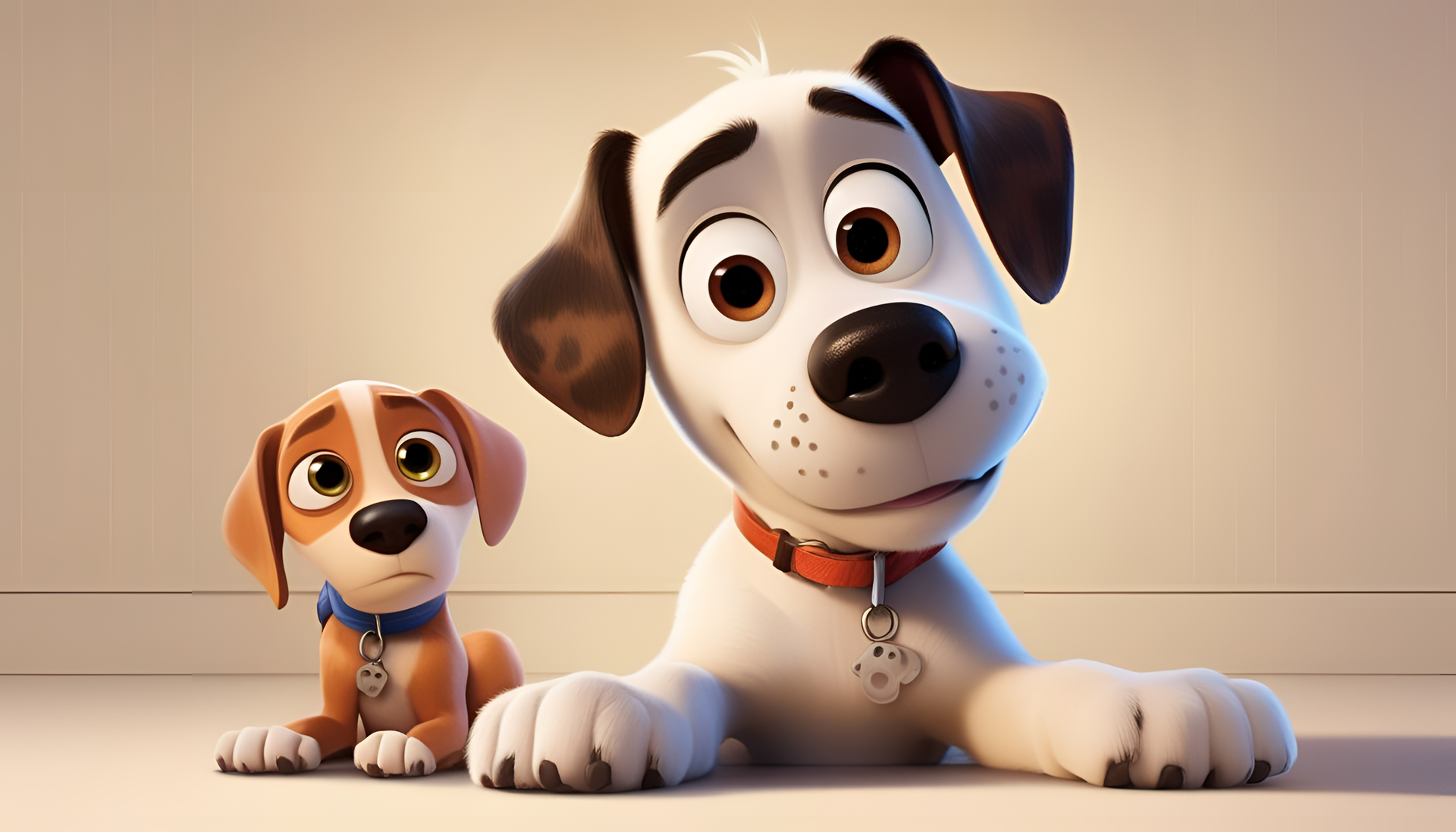 A charming Pixar-style dog in a scenic wallpaper.