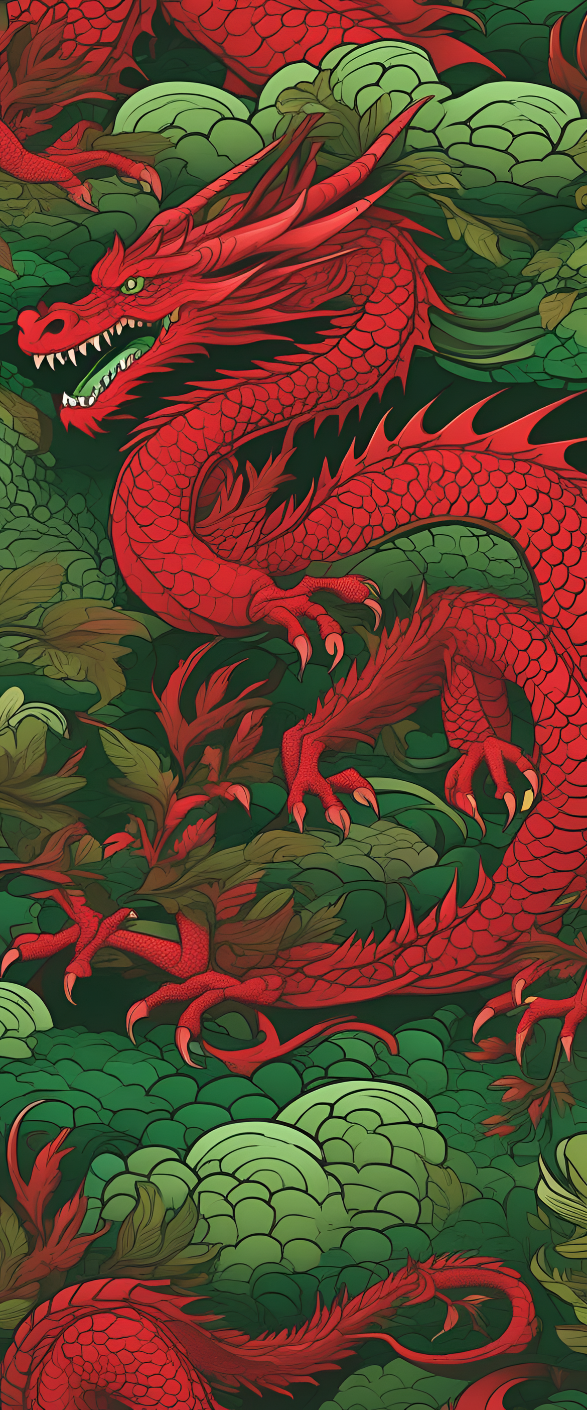 Detailed dragon wallpaper with red and green colors.