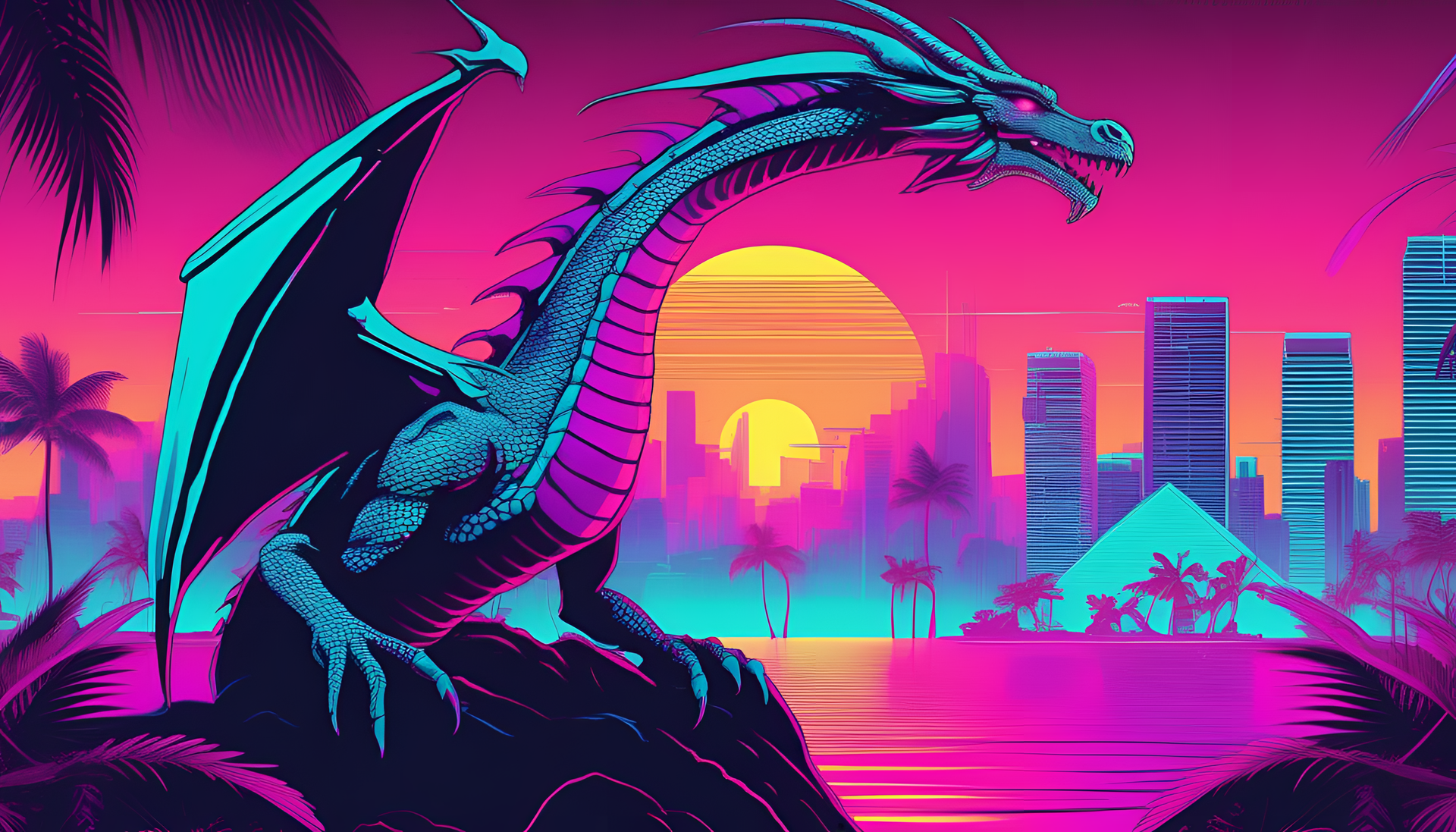 Glamorous dragon in 80s Miami style.