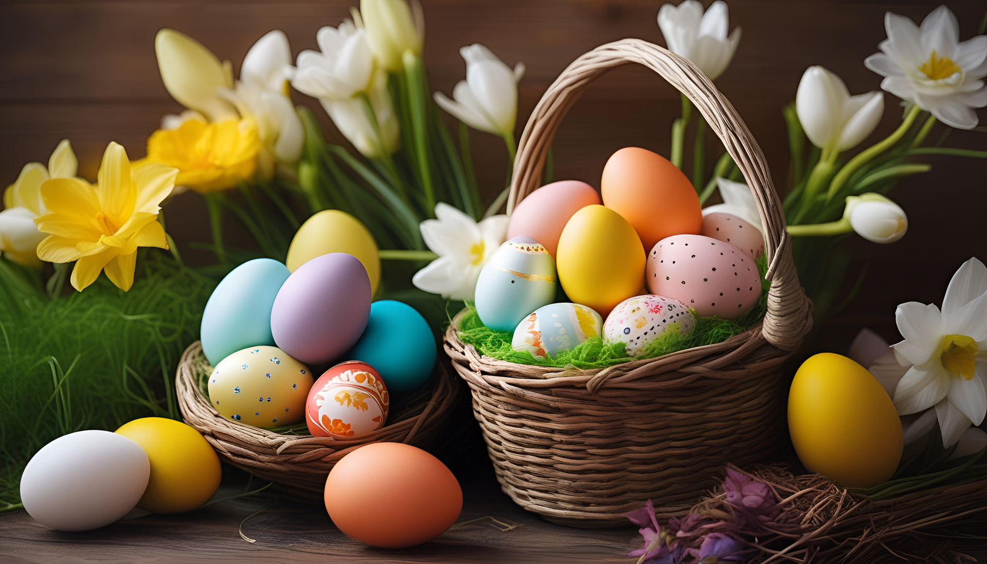 Colorful Easter eggs in a basket