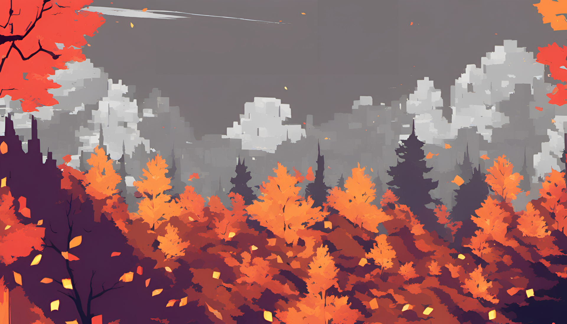 Colorful autumn leaves in a glitched pattern.