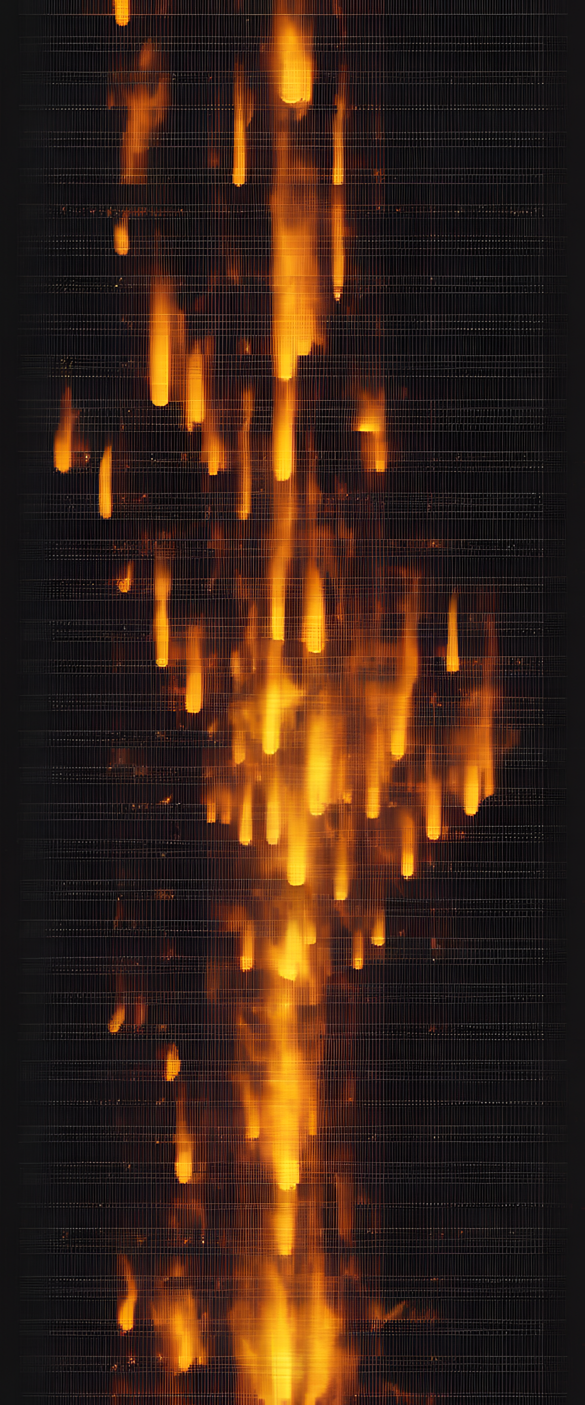 Vibrant fiery patterns in an ASCII art wallpaper resembling dancing flames.