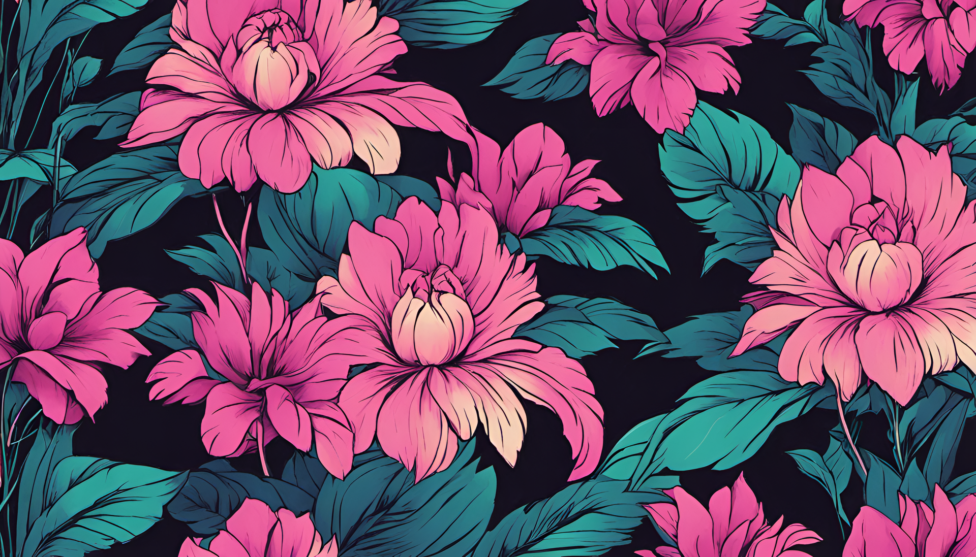 Retrowave floral wallpaper with vibrant neon flowers over a dark background