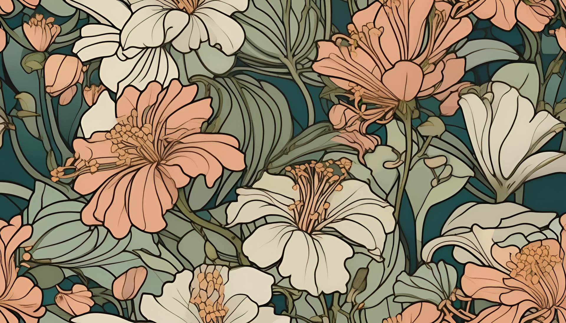 Art nouveau flower wallpaper. A vibrant design with intricate floral patterns in various colors.