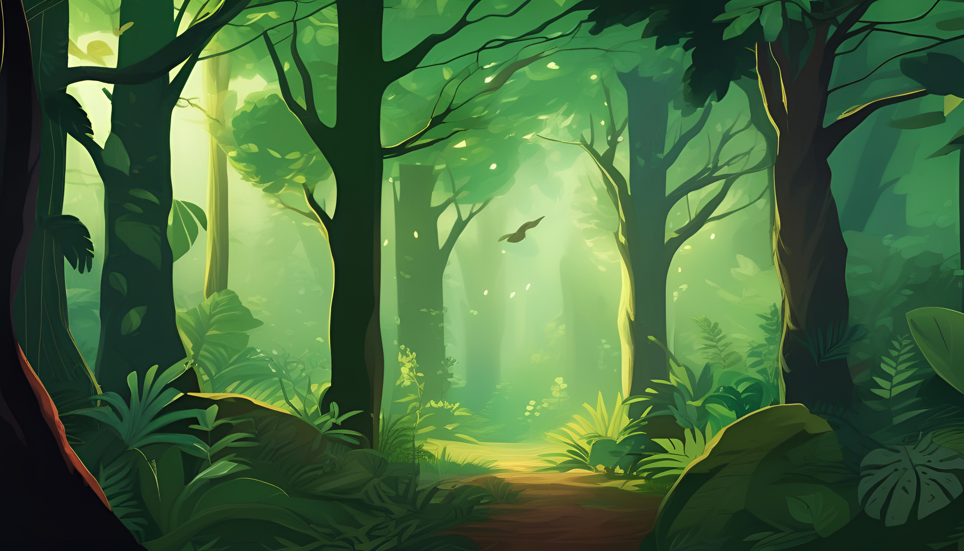 Lush green forest with tall trees and a tranquil atmosphere.