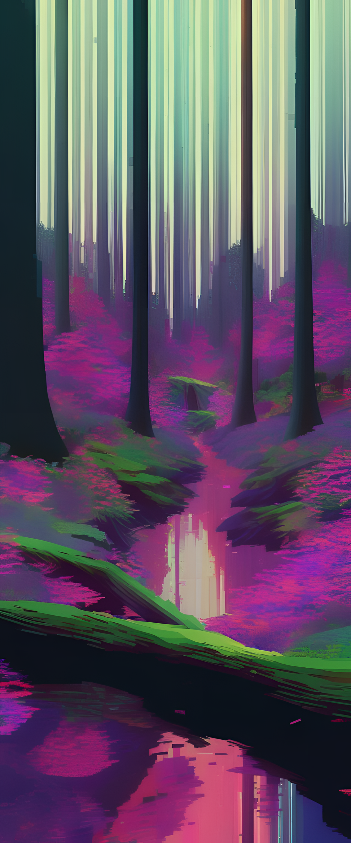 Mystical forest with glitched trees.